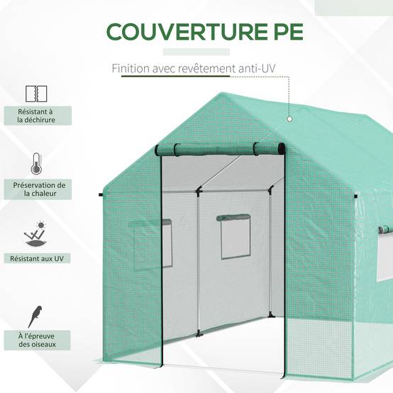 Serre de jardin tunnel 2 x 3m, 6m² avec porte enroulable, 4 fenêtres, - Acier galvanisé PE Haute densité Vert - Image 6
