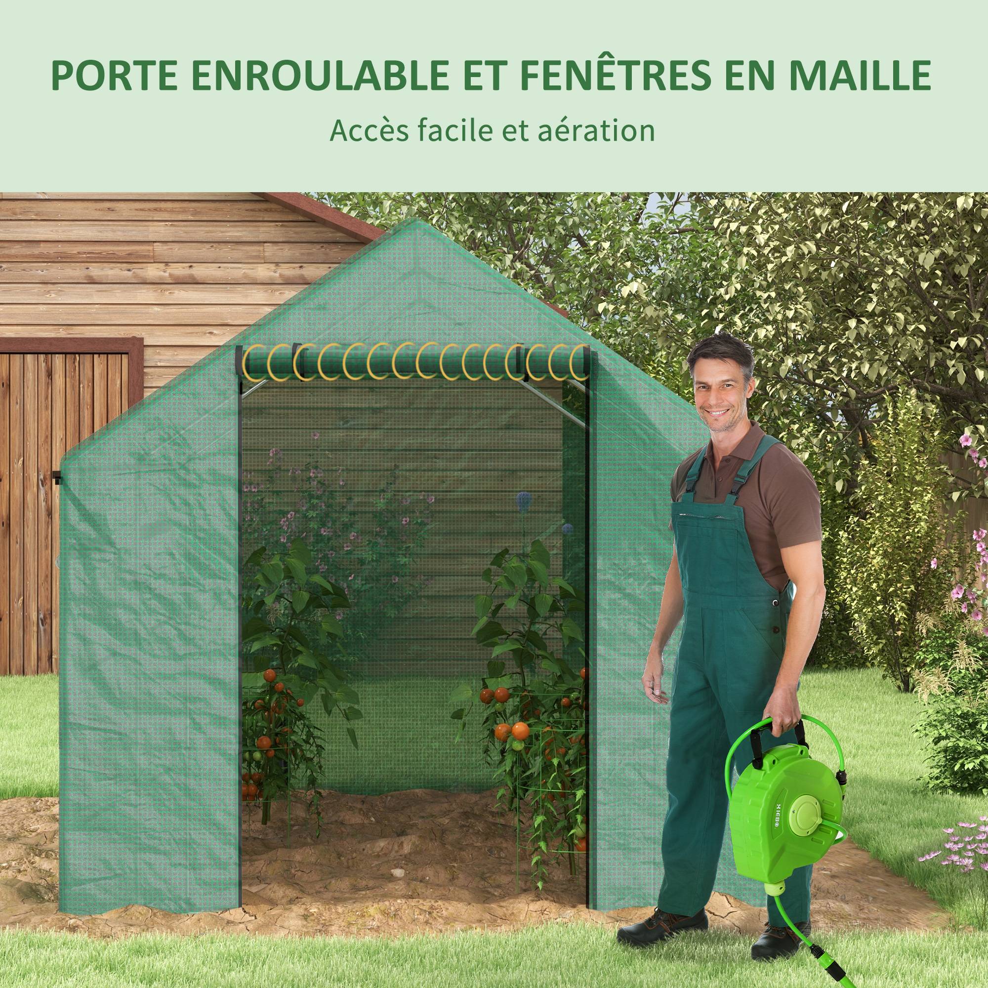 Serre de jardin tunnel 2 x 3m, 6m² avec porte enroulable, 4 fenêtres, - Acier galvanisé PE Haute densité Vert - Image 7