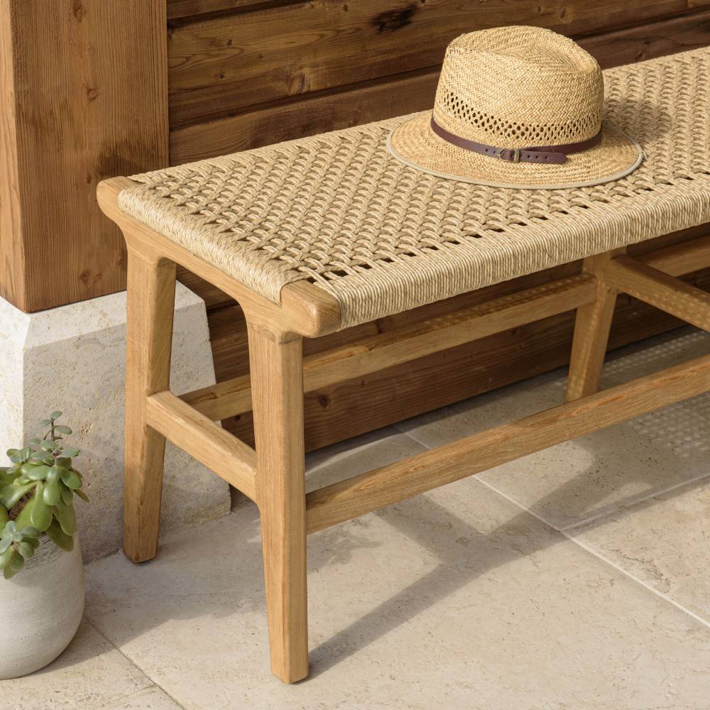 Macabane - VALERIA - Banc de jardin 3 places bois de teck assise rotin beige - Imagen 6