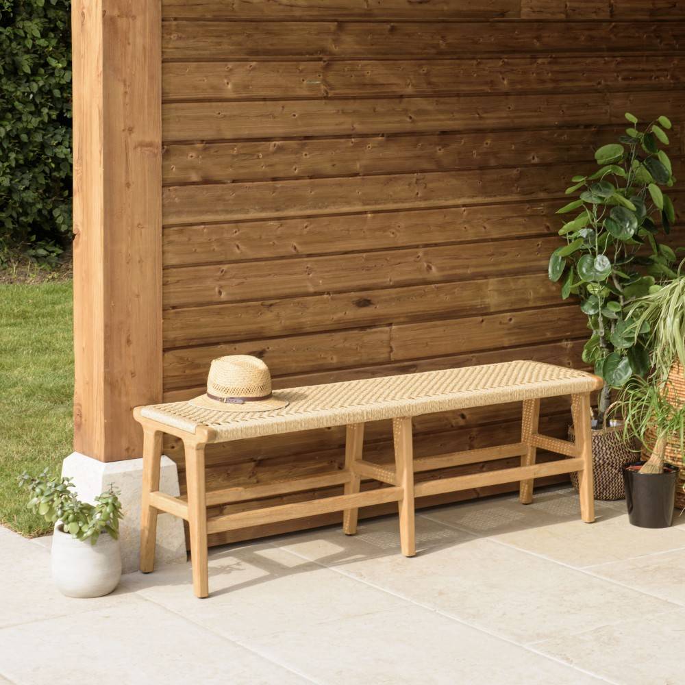 Macabane - VALERIA - Banc de jardin 3 places bois de teck assise rotin beige - Imagen 2
