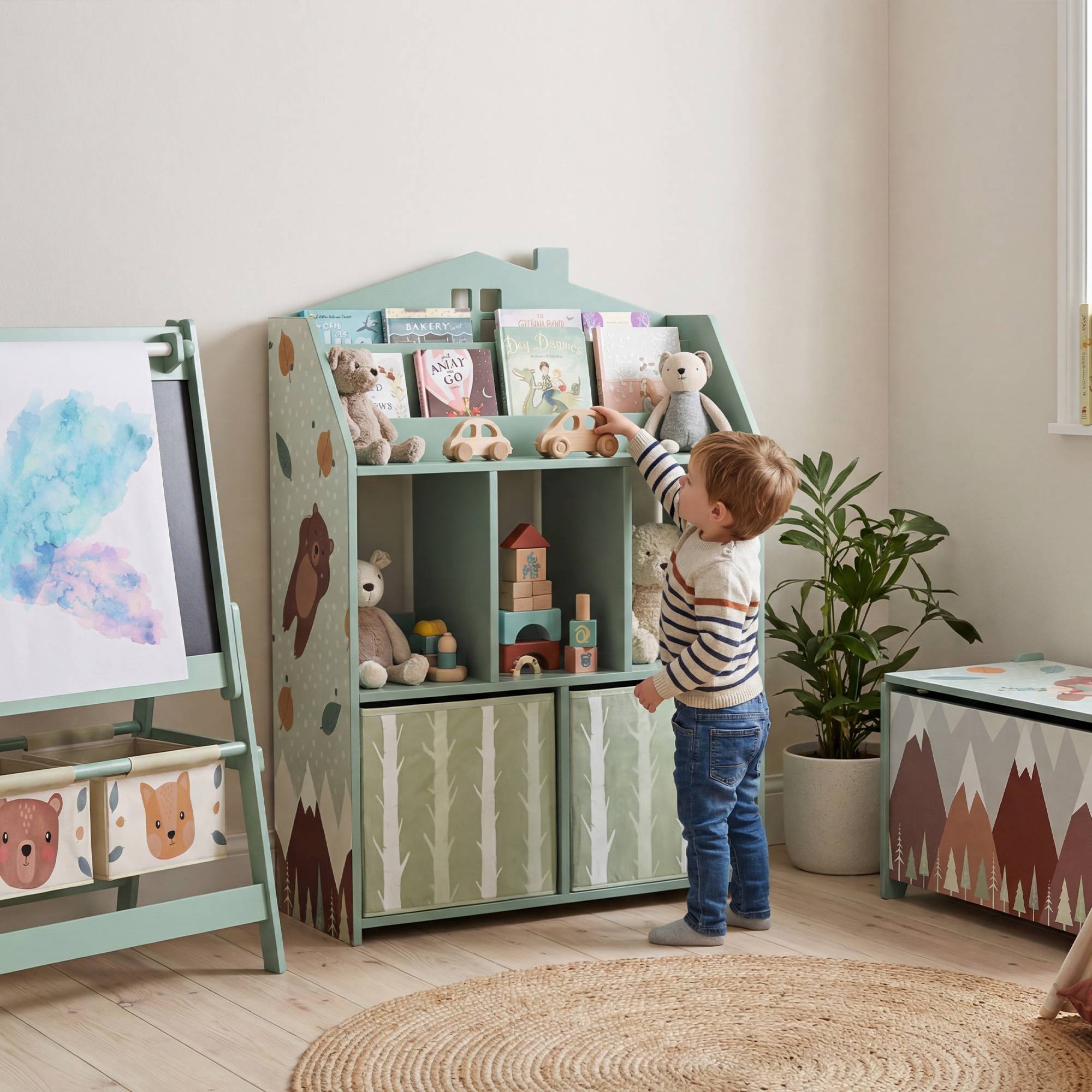 Étagère à jouets pour enfants avec tiroirs en tissu, étagères ouvertes, motif ours en peluche, rangement de jouets vert - Image 3