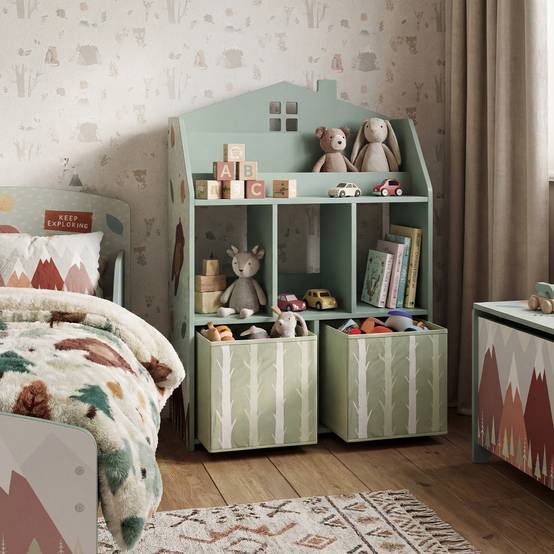 Étagère à jouets pour enfants avec tiroirs en tissu, étagères ouvertes, motif ours en peluche, rangement de jouets vert - Image 4