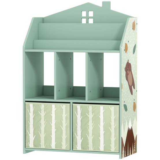Étagère à jouets pour enfants avec tiroirs en tissu, étagères ouvertes, motif ours en peluche, rangement de jouets vert - Image 2