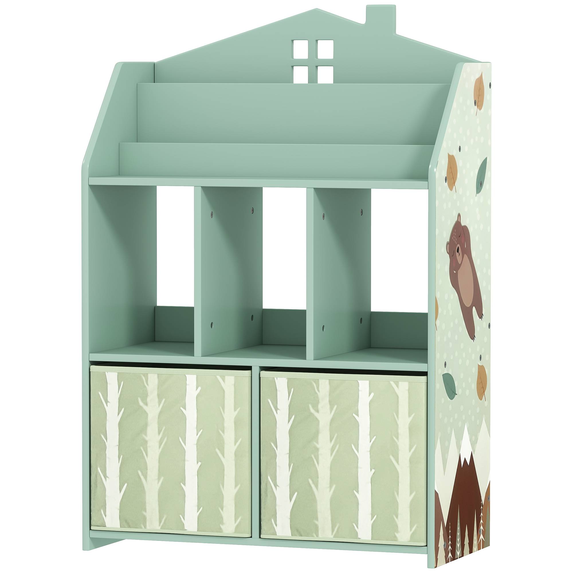 Étagère à jouets pour enfants avec tiroirs en tissu, étagères ouvertes, motif ours en peluche, rangement de jouets vert - Image 2