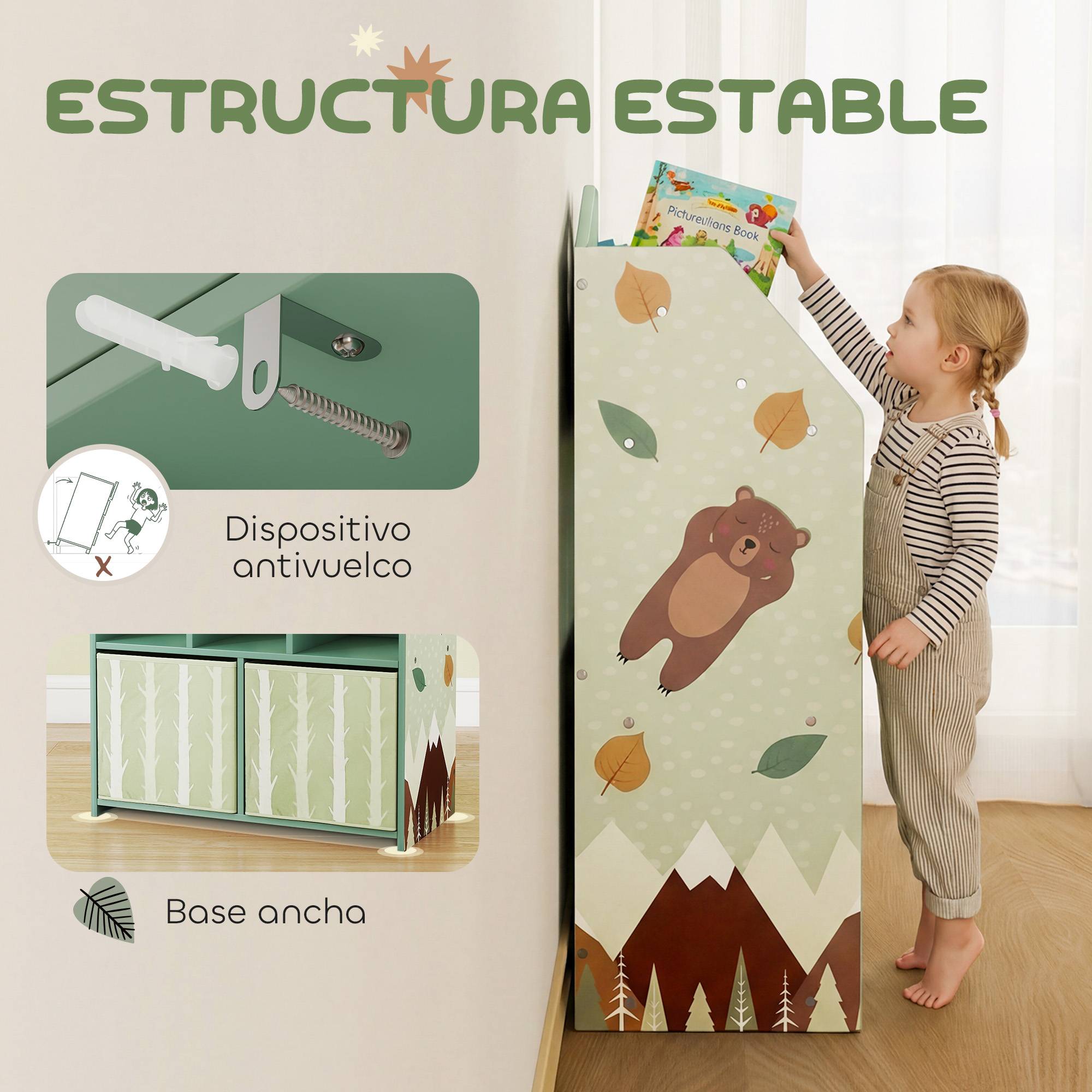 Étagère à jouets pour enfants avec tiroirs en tissu, étagères ouvertes, motif ours en peluche, rangement de jouets vert - Image 8
