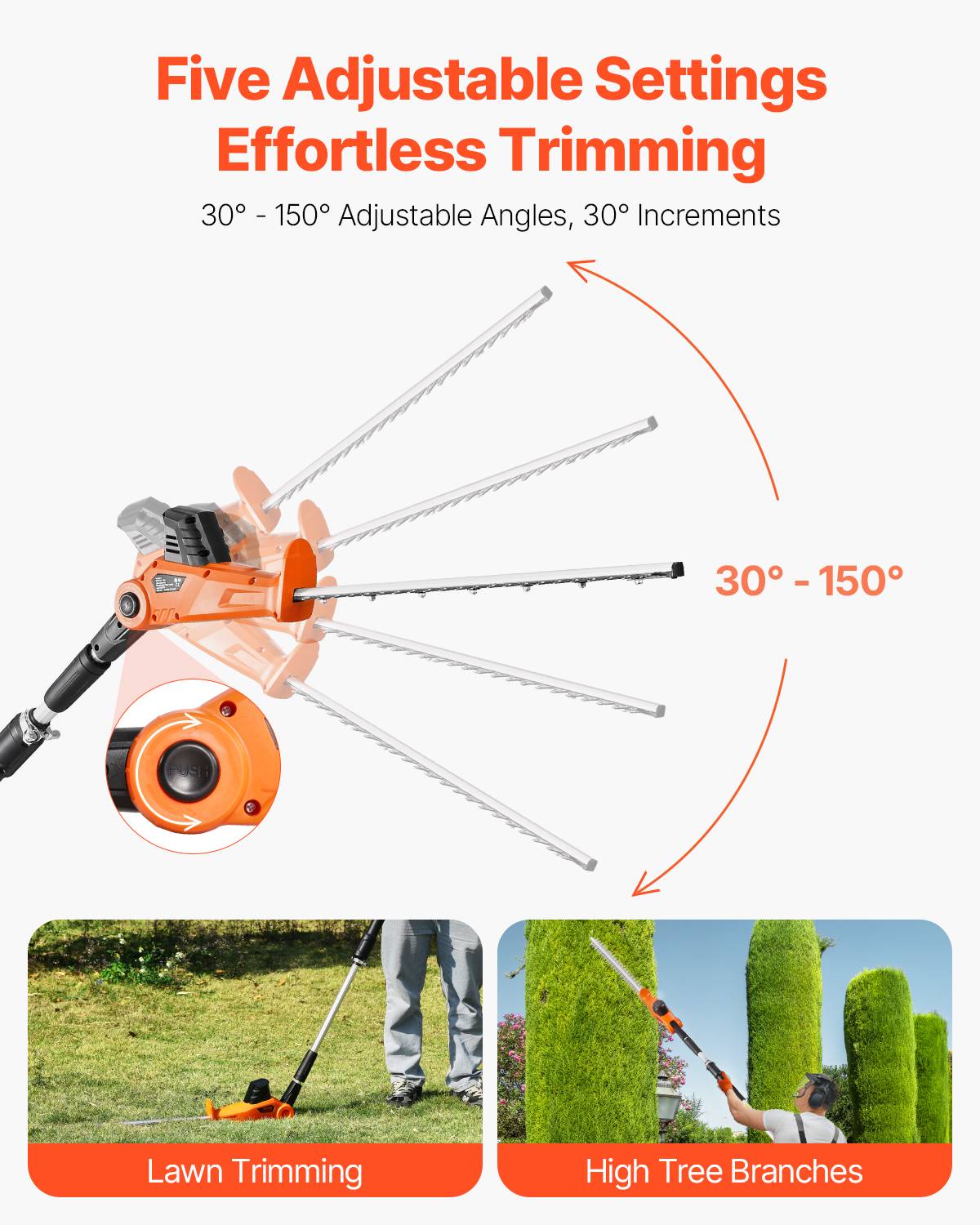 VEVOR Taille-haie sur perche 20V sans fil, lame 510 mm, 5 angles 30°-150°, perche 1,9-2,4 m extensible. - Image 4