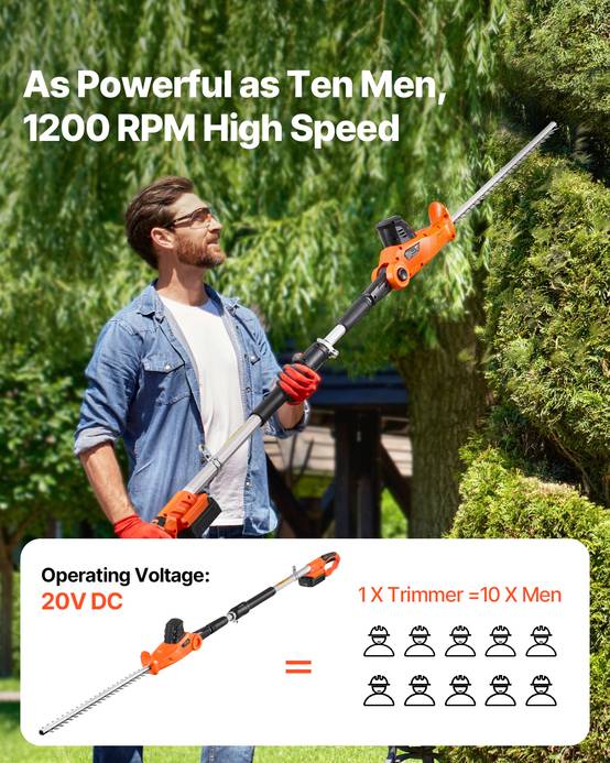 VEVOR Taille-haie sur perche 20V sans fil, lame 510 mm, 5 angles 30°-150°, perche 1,9-2,4 m extensible. - Image 3