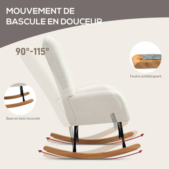 Sans Marque - Fauteuil à bascule en tissu effet laine bouclée avec pieds en bois massif d'hévéa pour chambre, salon, crème - Image 6