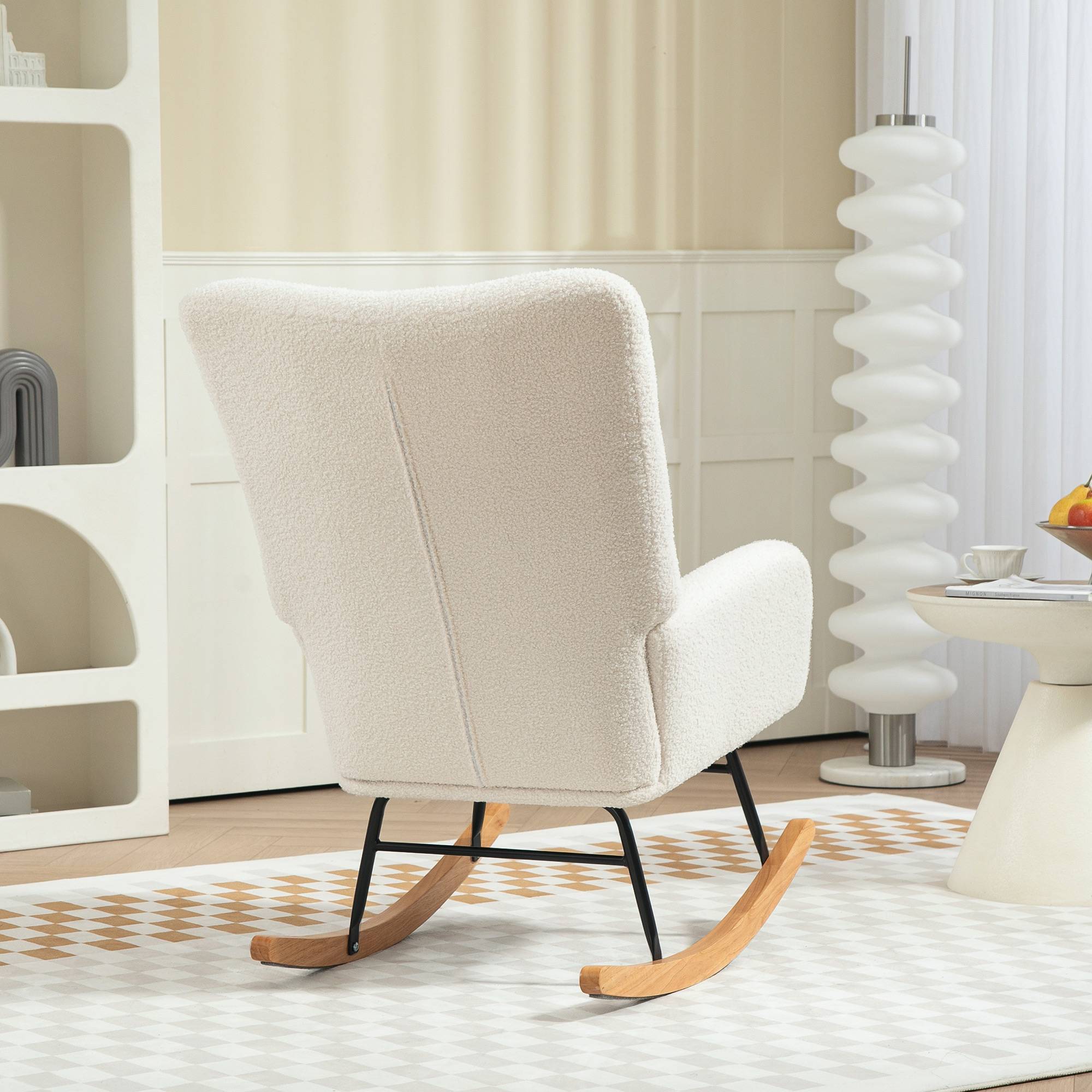Sans Marque - Fauteuil à bascule en tissu effet laine bouclée avec pieds en bois massif d'hévéa pour chambre, salon, crème - Image 8
