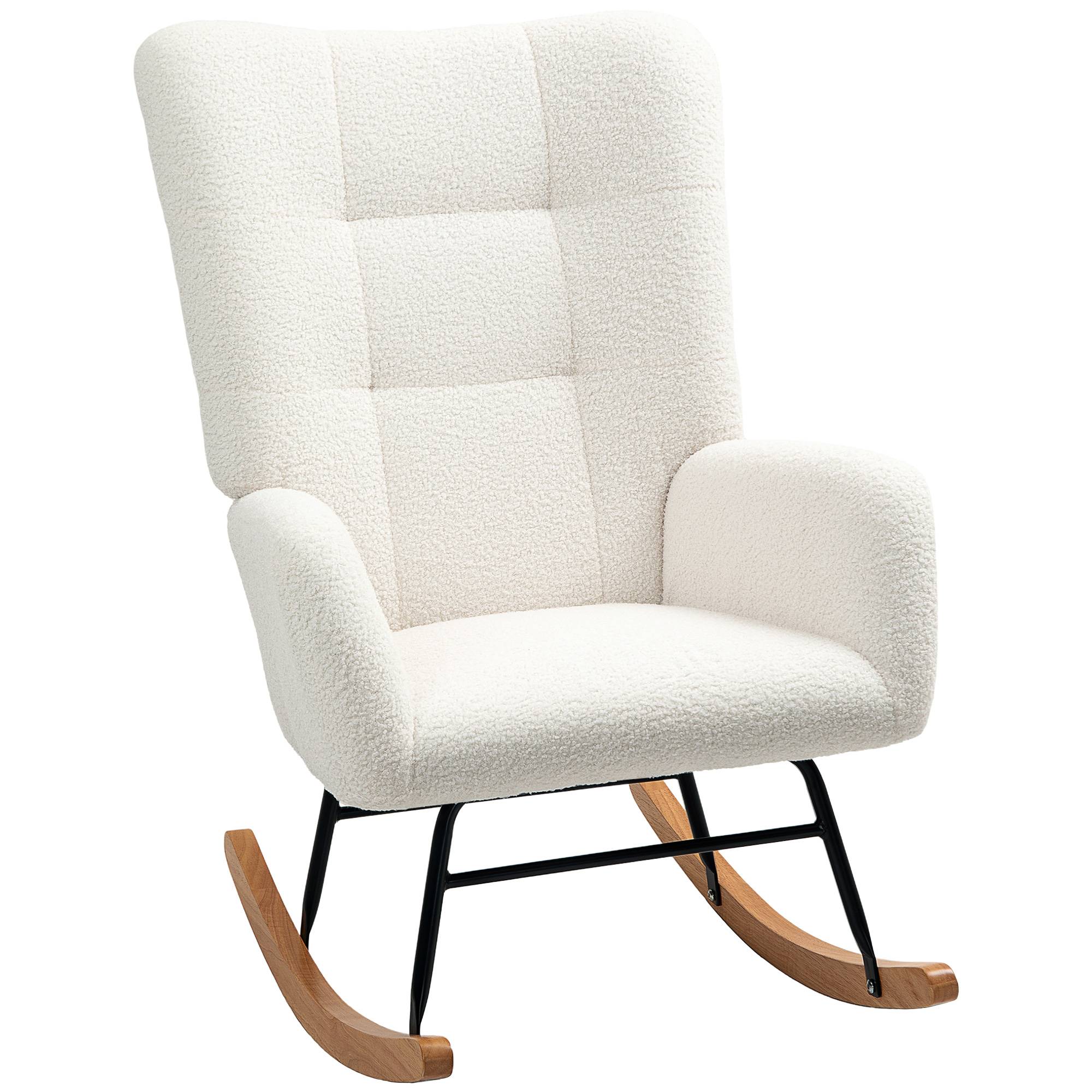 Sans Marque - Fauteuil à bascule en tissu effet laine bouclée avec pieds en bois massif d'hévéa pour chambre, salon, crème - Image 1