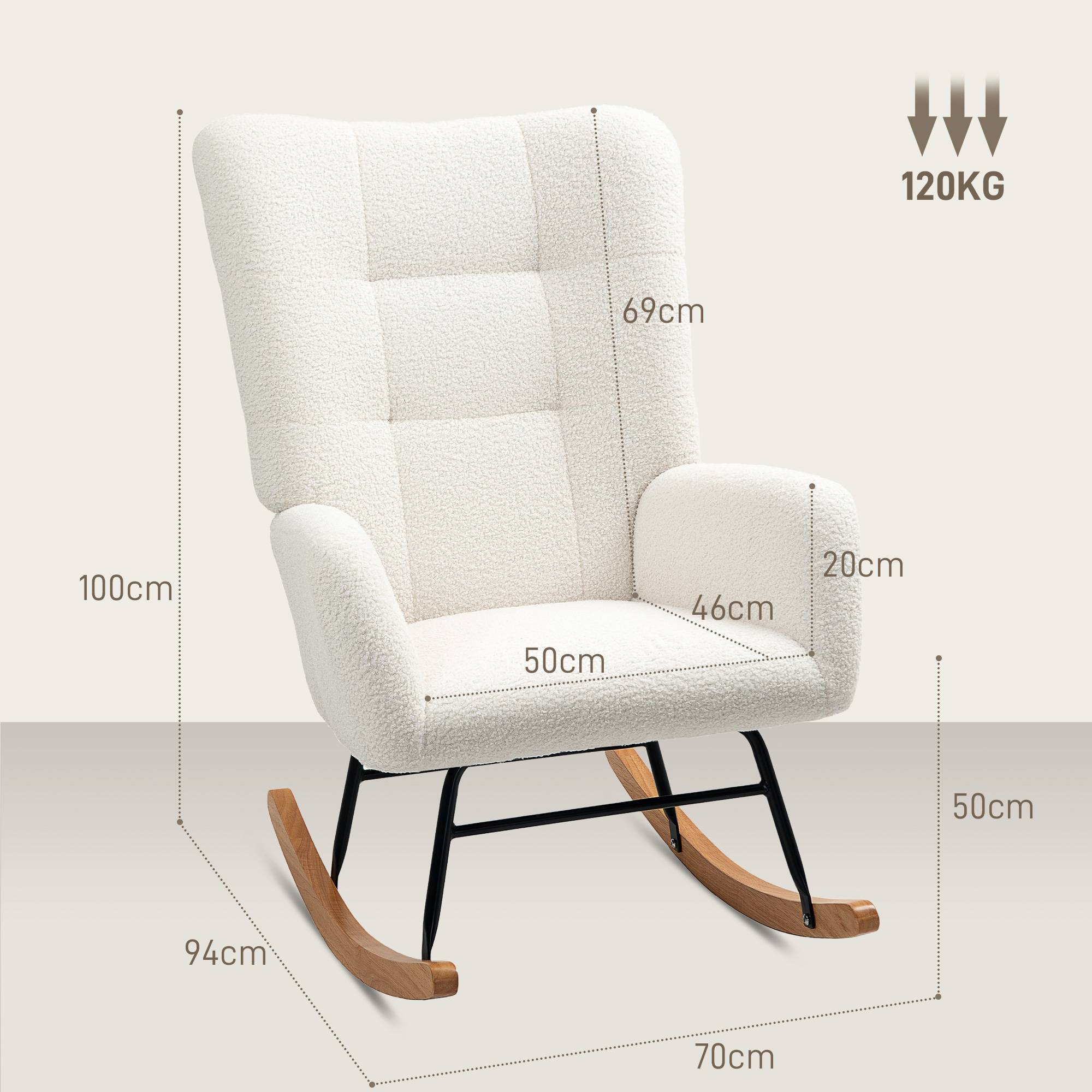 Sans Marque - Fauteuil à bascule en tissu effet laine bouclée avec pieds en bois massif d'hévéa pour chambre, salon, crème - Image 5