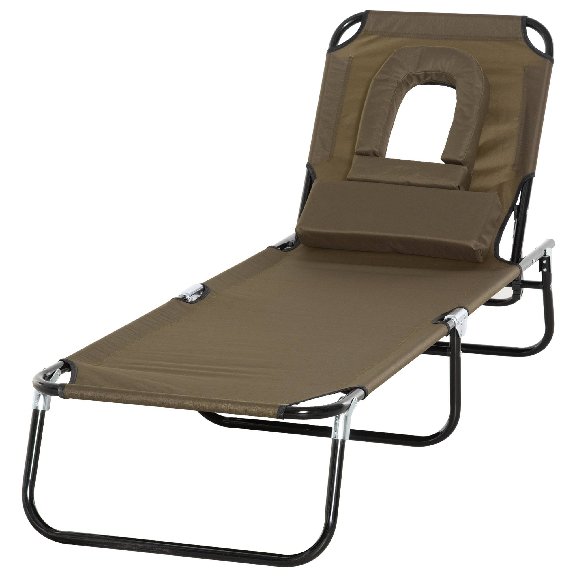 Sans Marque - Transat de Jardin Chaise Longue Pliante Bain de Soleil avec Appuie-tête, Trou de lecture et Dossier Inclinable, Marron - Image 2