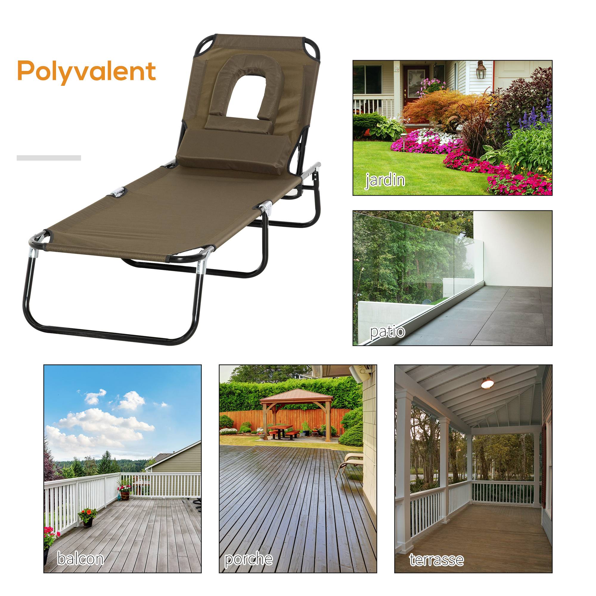 Sans Marque - Transat de Jardin Chaise Longue Pliante Bain de Soleil avec Appuie-tête, Trou de lecture et Dossier Inclinable, Marron - Image 7