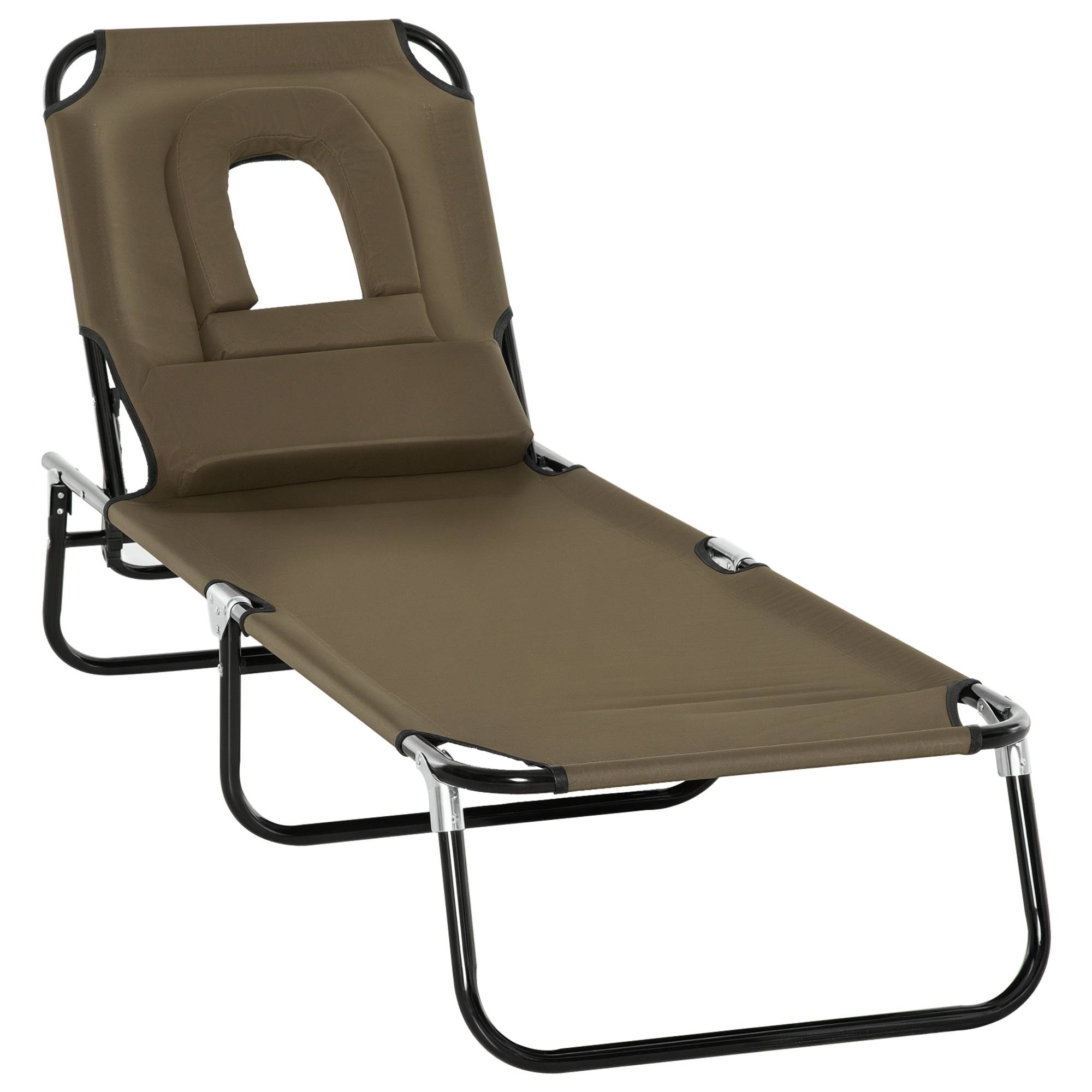 Sans Marque - Transat de Jardin Chaise Longue Pliante Bain de Soleil avec Appuie-tête, Trou de lecture et Dossier Inclinable, Marron - Image 1