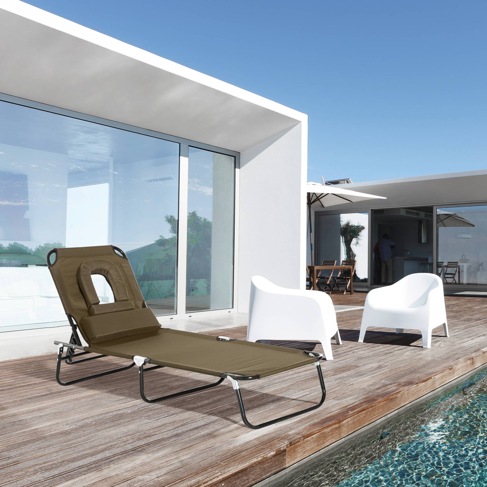 Sans Marque - Transat de Jardin Chaise Longue Pliante Bain de Soleil avec Appuie-tête, Trou de lecture et Dossier Inclinable, Marron - Image 4