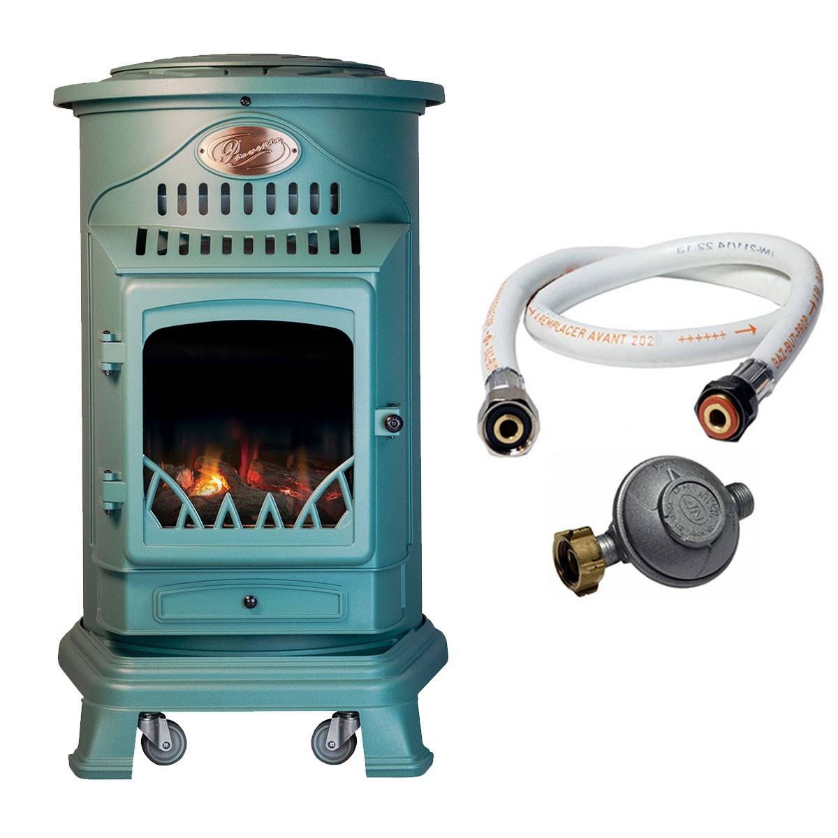 Universal - Poele à gaz 3,4 KW Vert Fonte véritable Effet poêle à bois + Tuyau gaz + détendeur butane Provence Sahara - Imagen 1