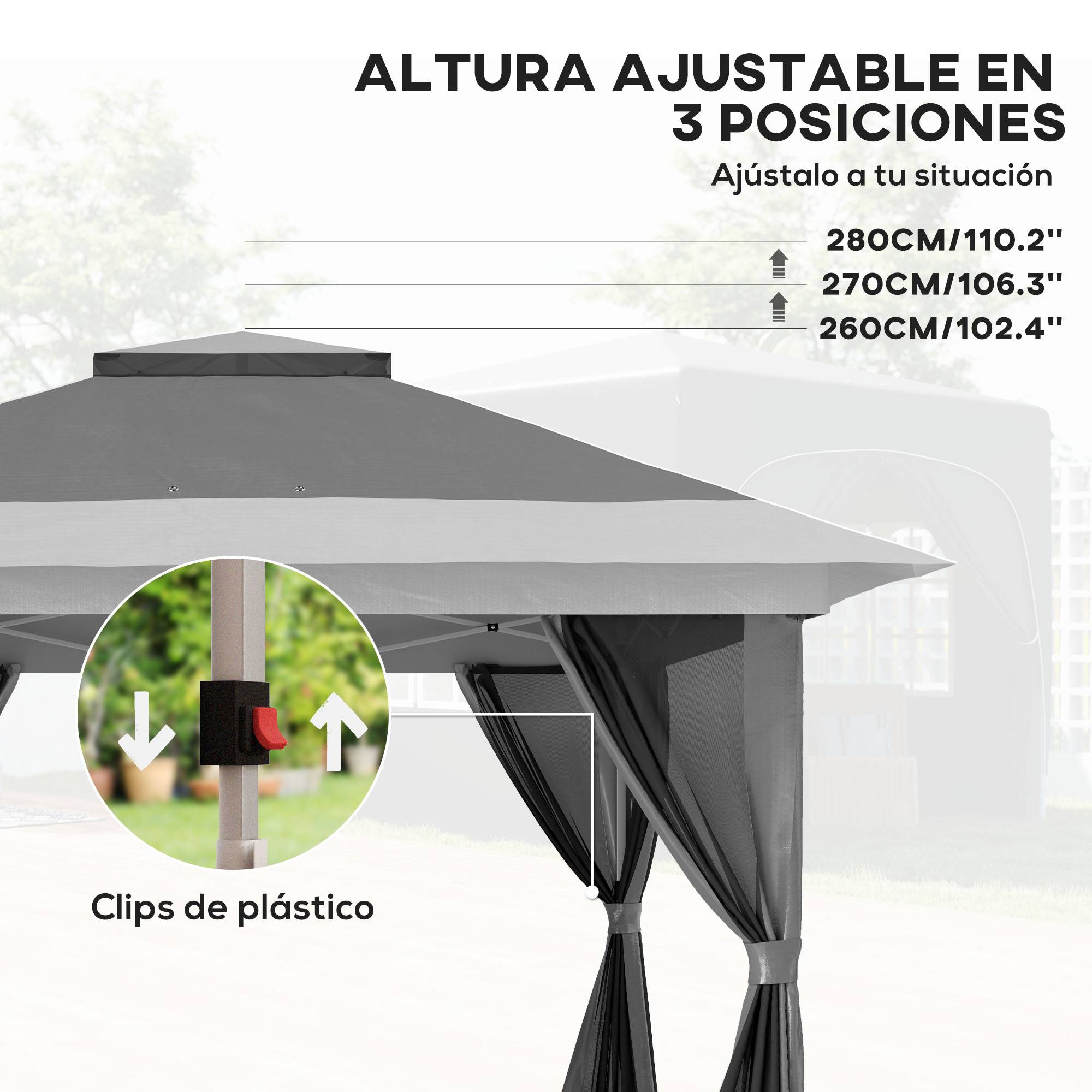 Tonnelle pliante 3,6 x 3,6 m avec parois en maille anti-UV50+, hauteur réglable, sac de transport à roulettes et sacs de lestage, grise - Image 7