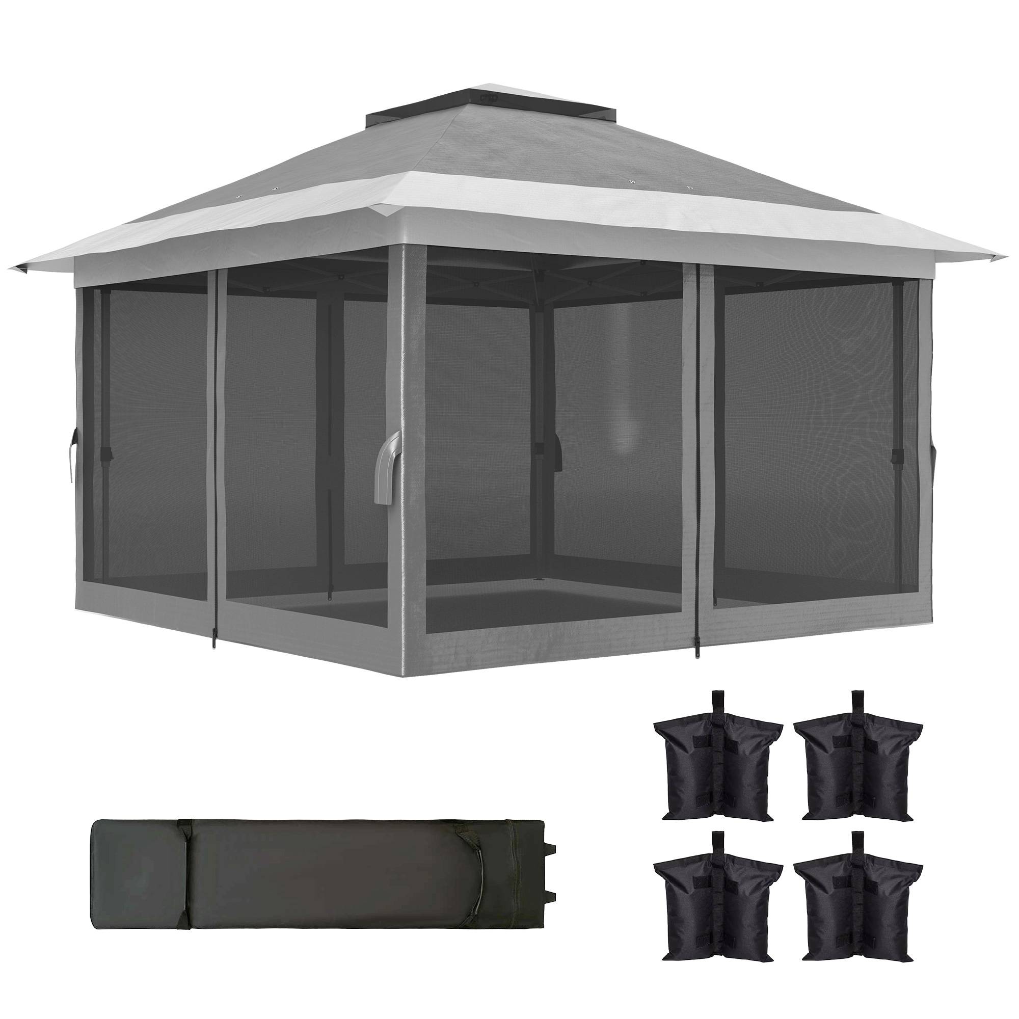 Tonnelle pliante 3,6 x 3,6 m avec parois en maille anti-UV50+, hauteur réglable, sac de transport à roulettes et sacs de lestage, grise - Image 2