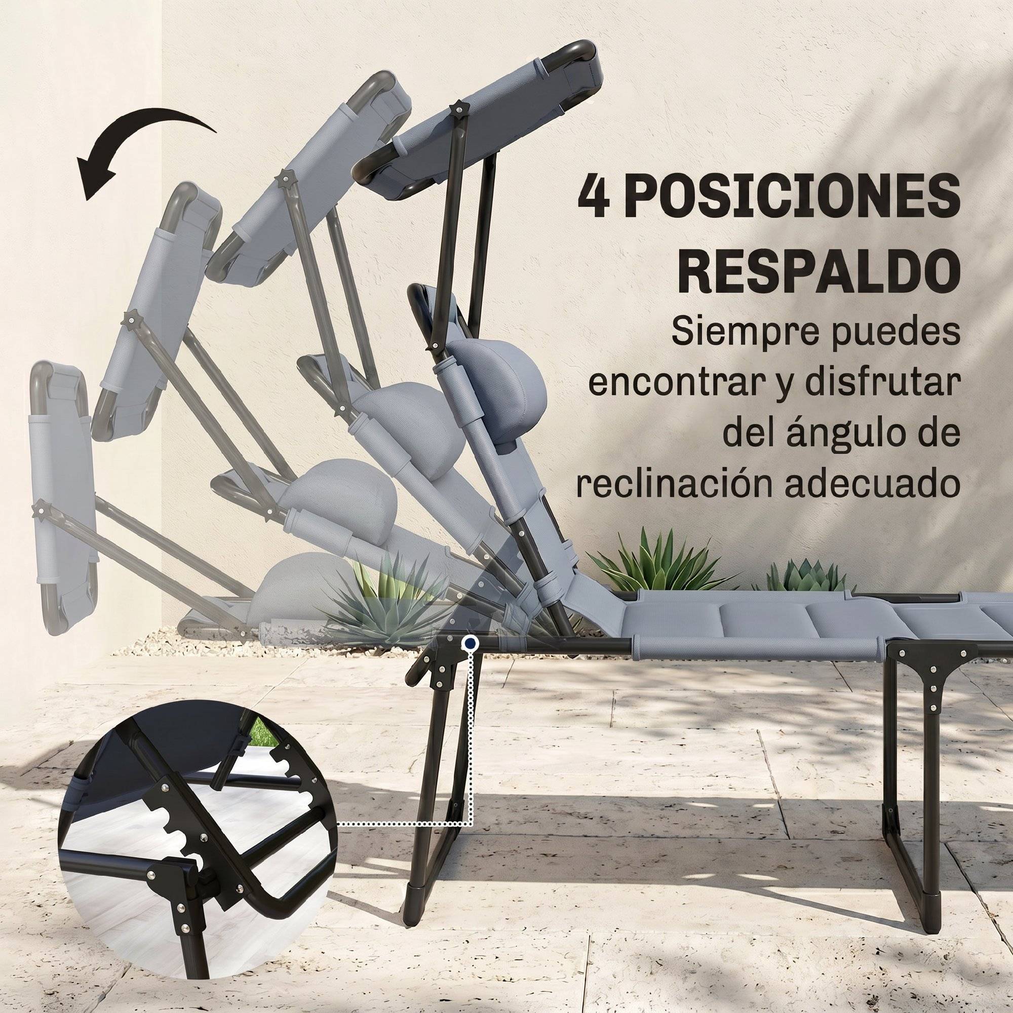 Transat de jardin avec auvent réglable, dossier inclinable sur 4 positions, appui-tête pour terrasse, 70 x 200 x 45 cm, gris - Image 6