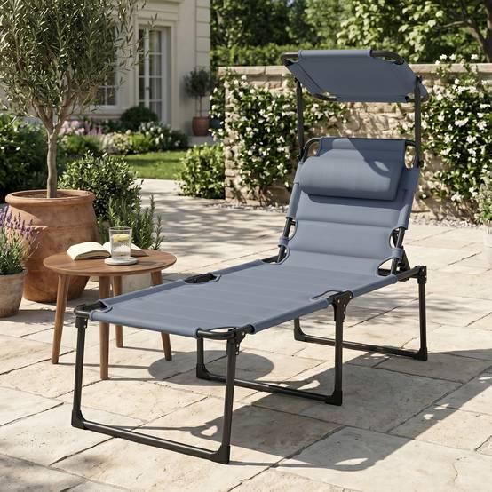 Transat de jardin avec auvent réglable, dossier inclinable sur 4 positions, appui-tête pour terrasse, 70 x 200 x 45 cm, gris - Image 4