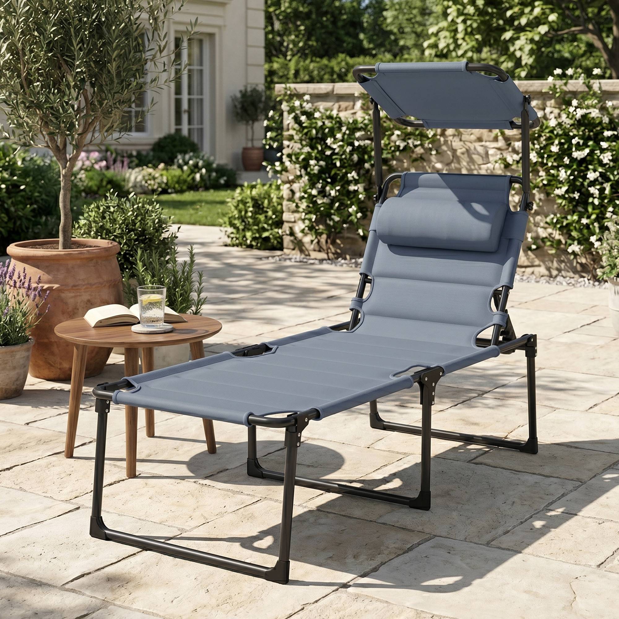 Transat de jardin avec auvent réglable, dossier inclinable sur 4 positions, appui-tête pour terrasse, 70 x 200 x 45 cm, gris - Image 4