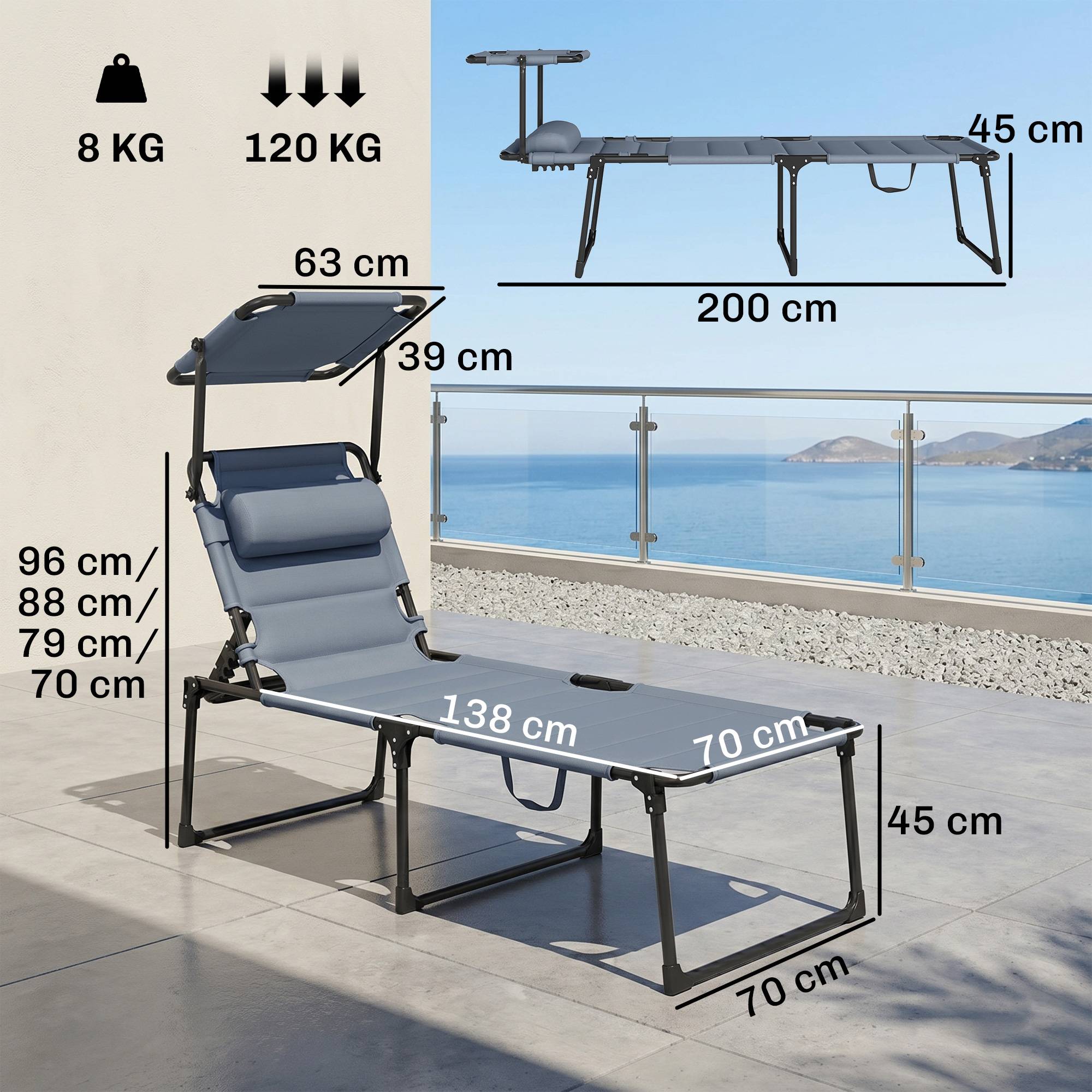 Transat de jardin avec auvent réglable, dossier inclinable sur 4 positions, appui-tête pour terrasse, 70 x 200 x 45 cm, gris - Image 5