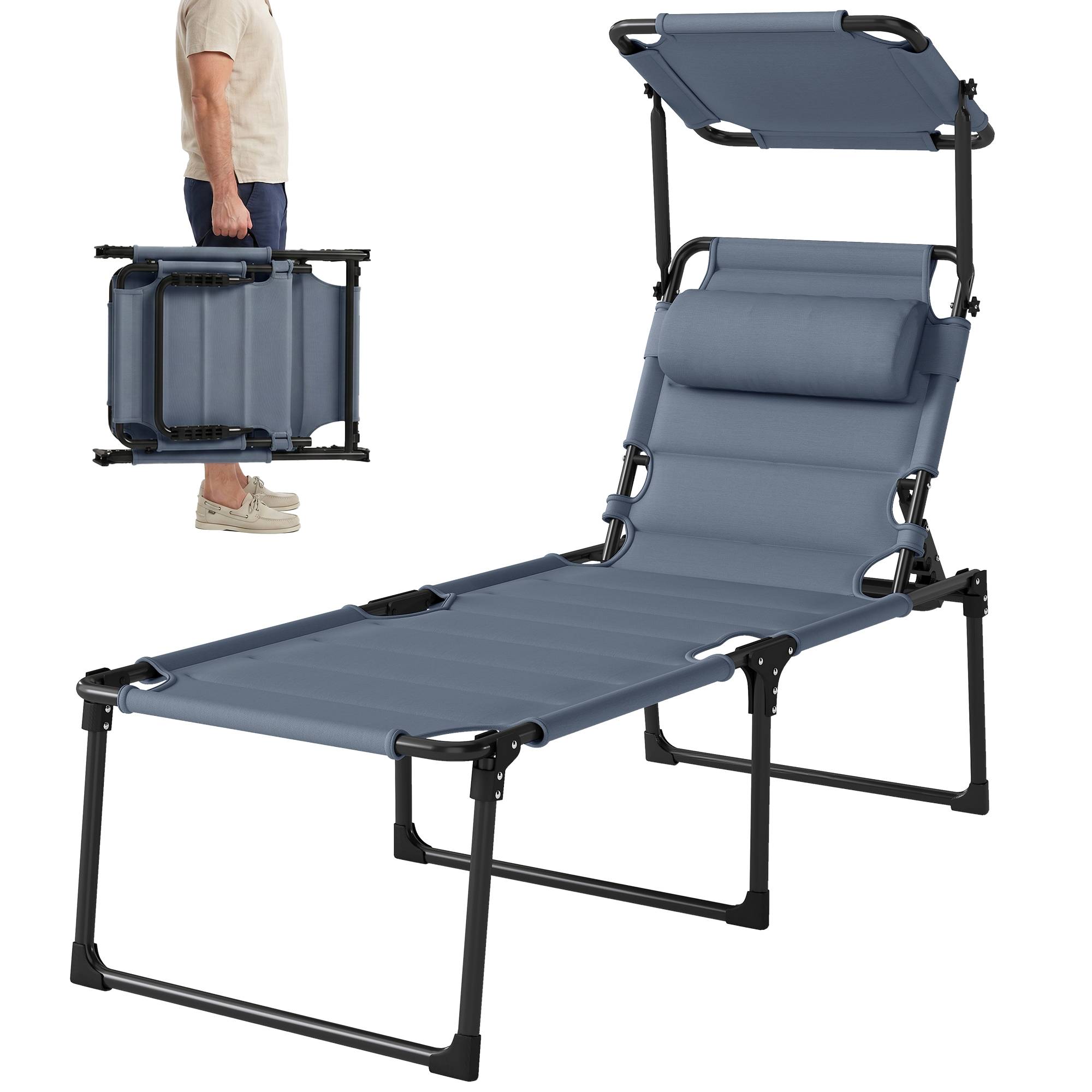 Transat de jardin avec auvent réglable, dossier inclinable sur 4 positions, appui-tête pour terrasse, 70 x 200 x 45 cm, gris - Image 2