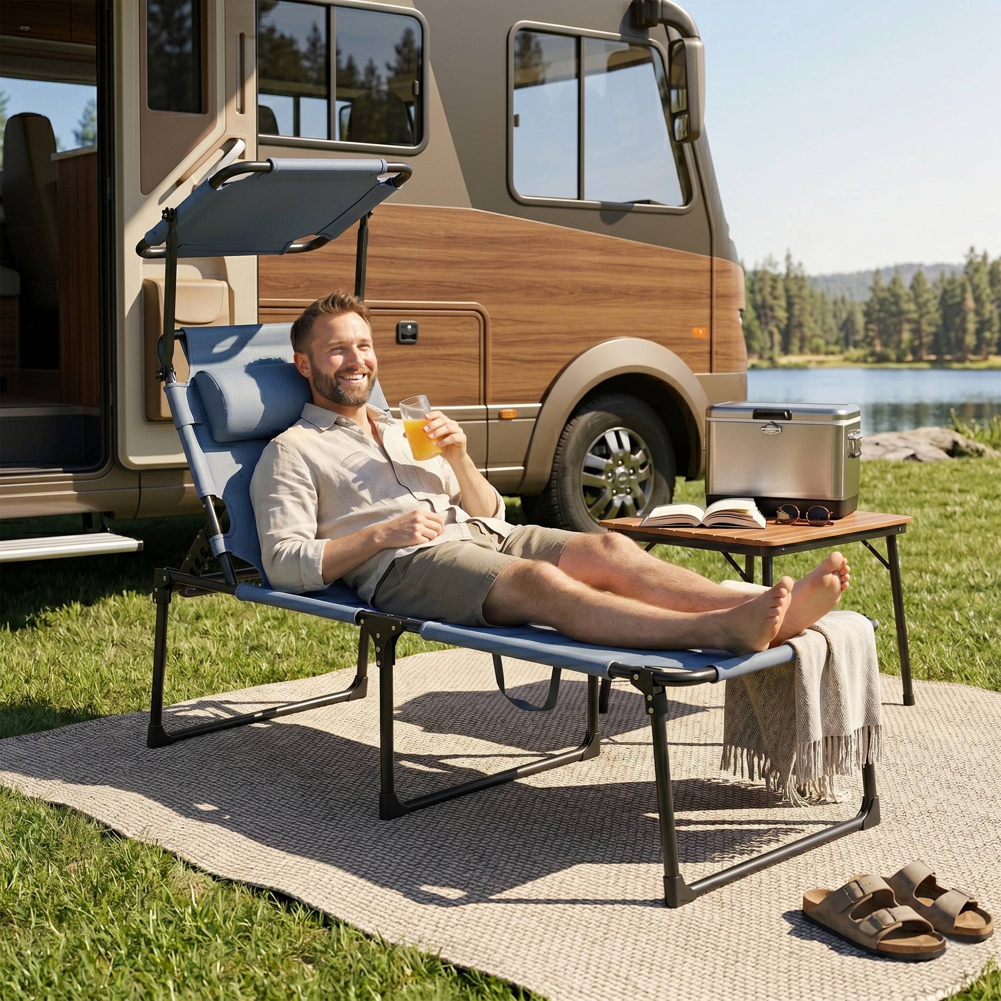 Transat de jardin avec auvent réglable, dossier inclinable sur 4 positions, appui-tête pour terrasse, 70 x 200 x 45 cm, gris - Image 9