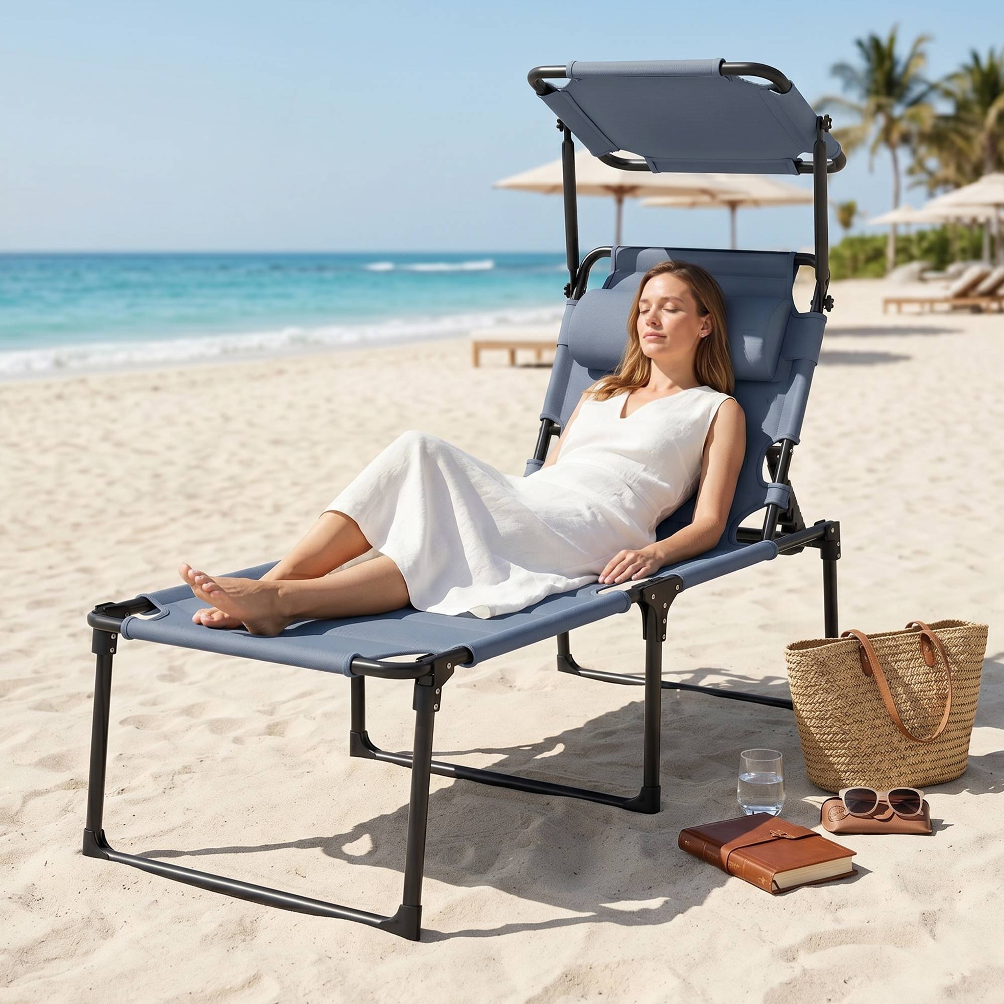 Transat de jardin avec auvent réglable, dossier inclinable sur 4 positions, appui-tête pour terrasse, 70 x 200 x 45 cm, gris - Image 10