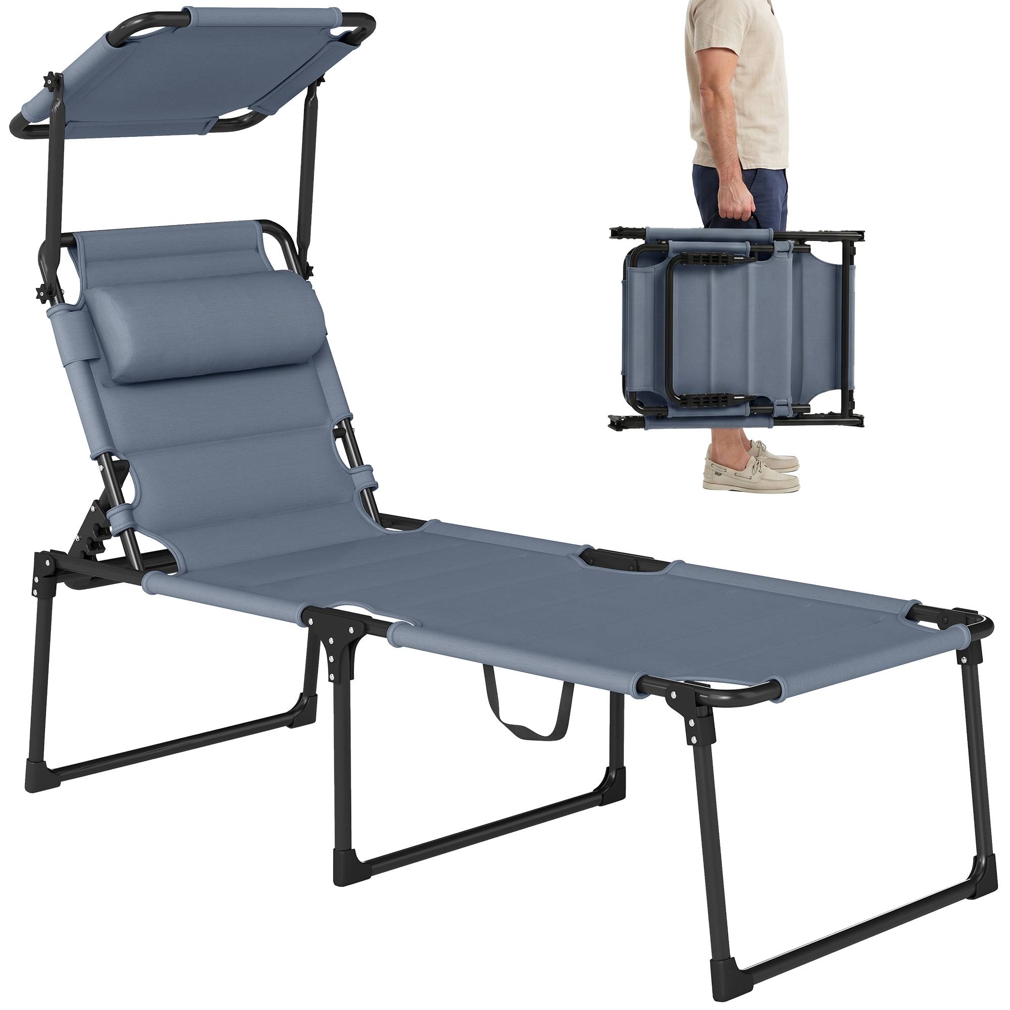Transat de jardin avec auvent réglable, dossier inclinable sur 4 positions, appui-tête pour terrasse, 70 x 200 x 45 cm, gris - Image 1