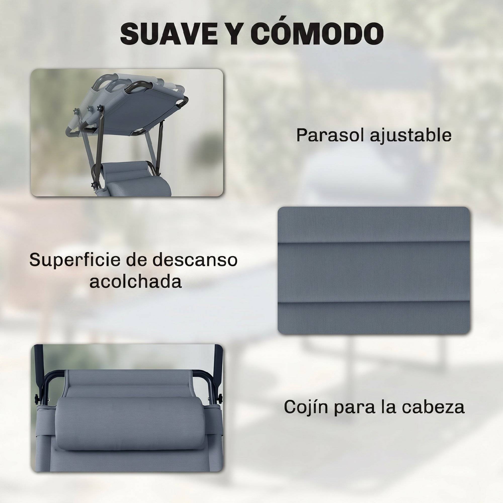 Transat de jardin avec auvent réglable, dossier inclinable sur 4 positions, appui-tête pour terrasse, 70 x 200 x 45 cm, gris - Image 8