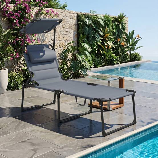 Transat de jardin avec auvent réglable, dossier inclinable sur 4 positions, appui-tête pour terrasse, 70 x 200 x 45 cm, gris - Image 3