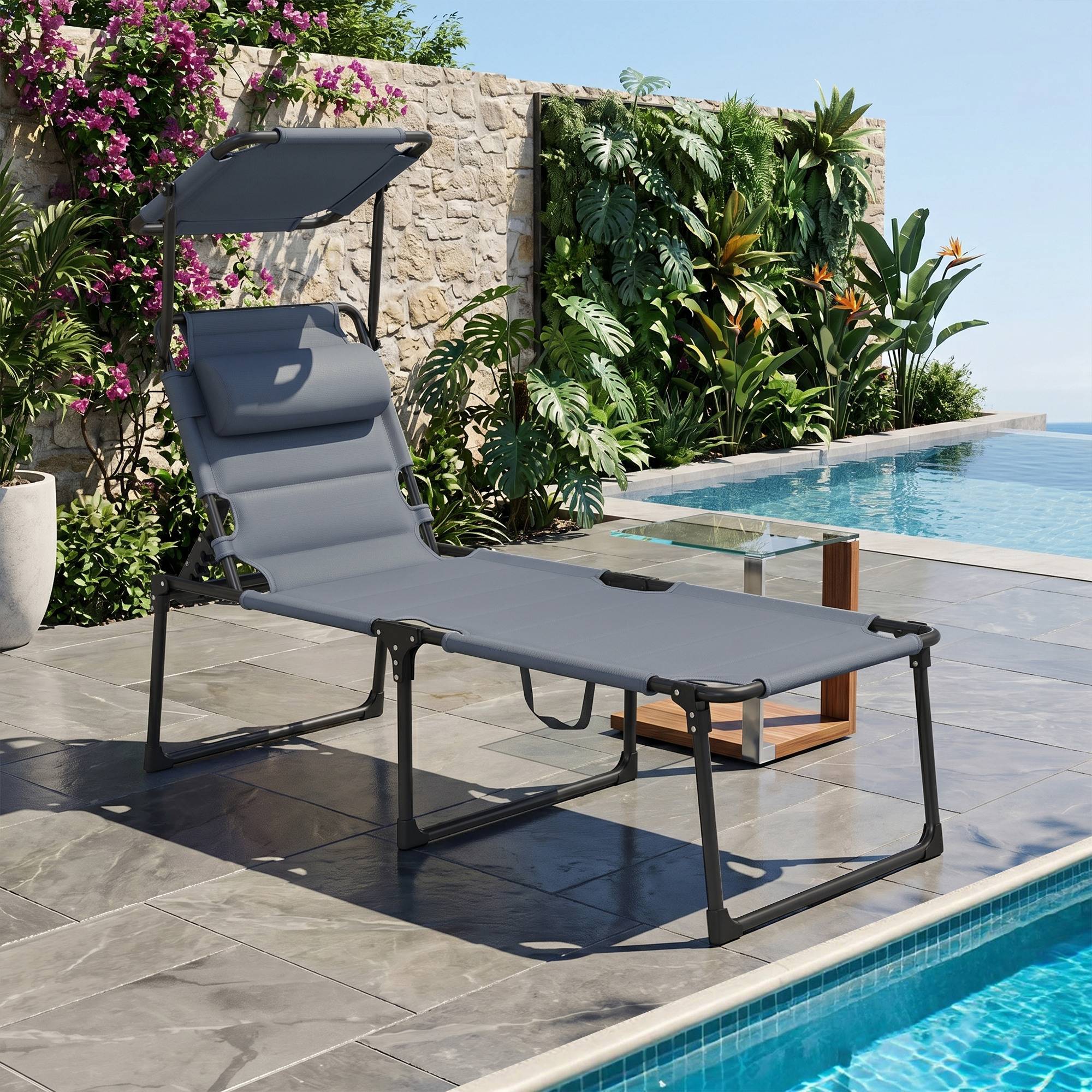 Transat de jardin avec auvent réglable, dossier inclinable sur 4 positions, appui-tête pour terrasse, 70 x 200 x 45 cm, gris - Image 3