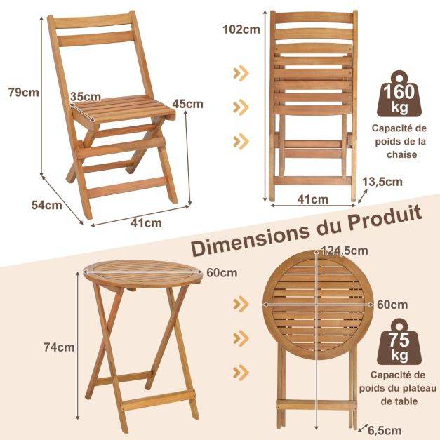 Helloshop26 - 3pcs salon de jardin pliable en bois d'acacia ensemble de table et 2 chaises conception à lattes salon terrasse bistrot - Imagen 4
