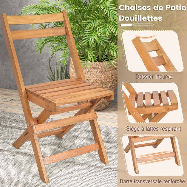 Helloshop26 - 3pcs salon de jardin pliable en bois d'acacia ensemble de table et 2 chaises conception à lattes salon terrasse bistrot - Imagen 2