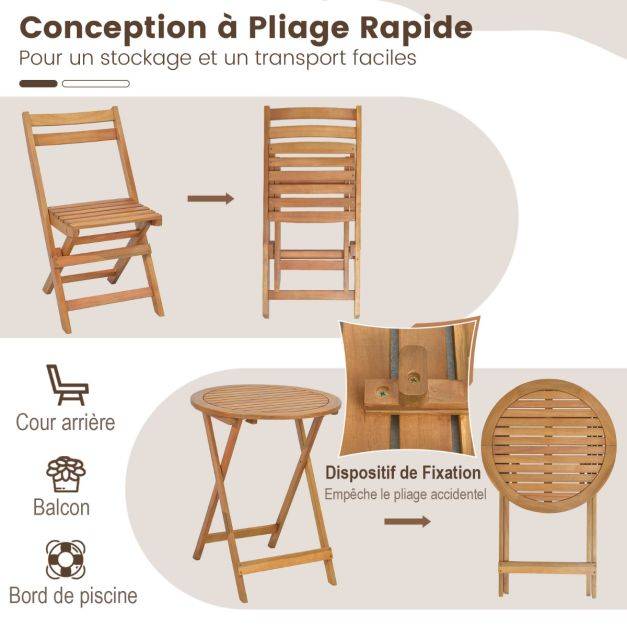 Helloshop26 - 3pcs salon de jardin pliable en bois d'acacia ensemble de table et 2 chaises conception à lattes salon terrasse bistrot - Imagen 3
