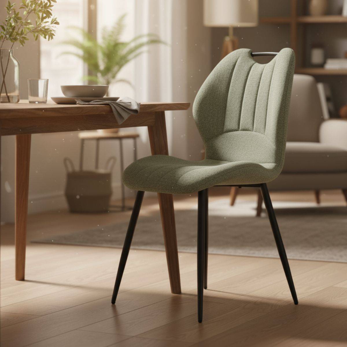 Lot de 6 chaises en tissu polyester maillé vert avec poignée et pieds en métal laqué noir - MILDA - Image 2