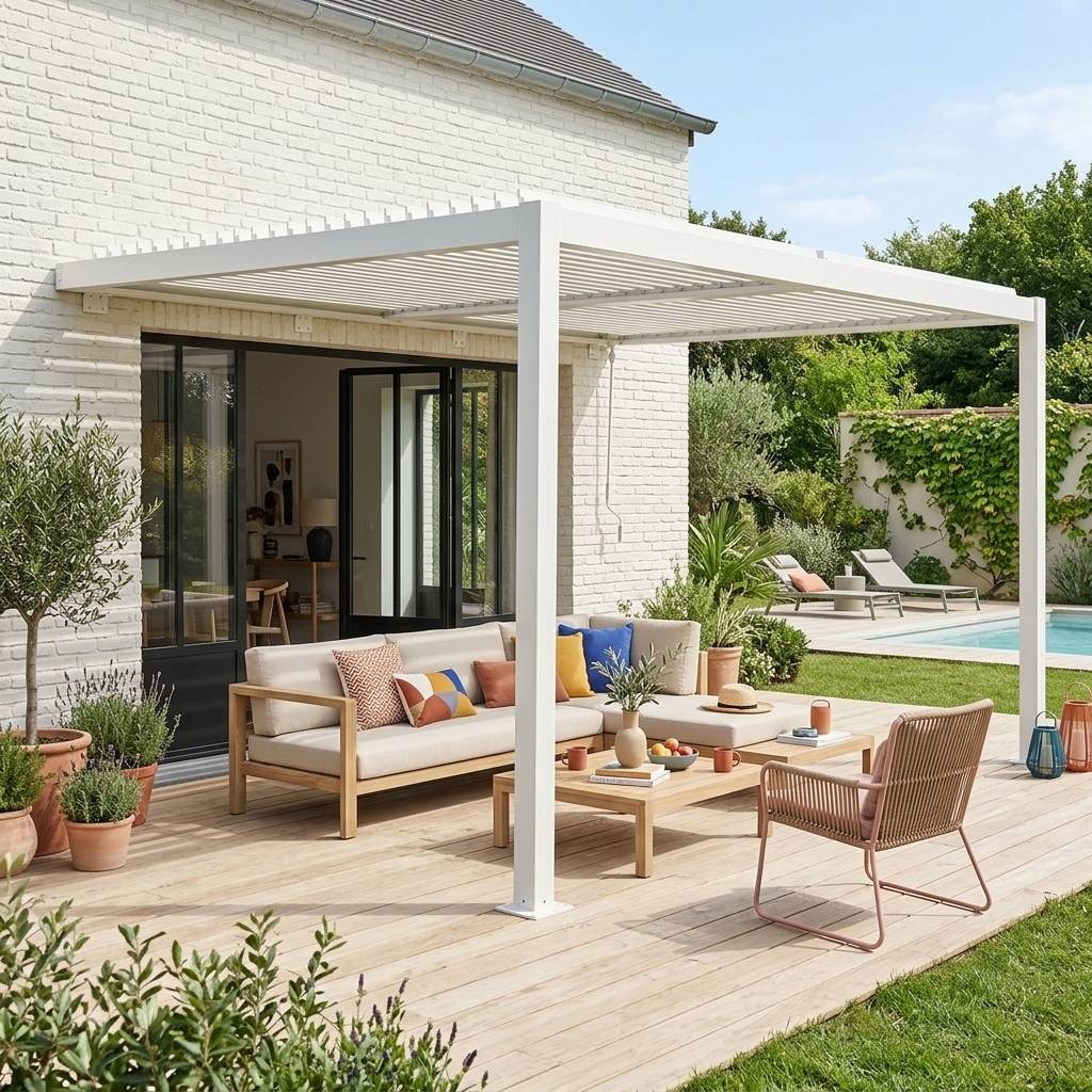 sweeek - Pergola bioclimatique aluminium adossée lames orientables 4x3m blanc Palace | sweeek - Image 1