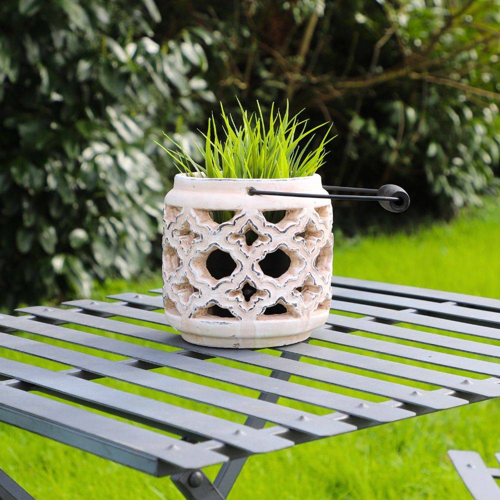 Lanterne extérieur jardin à poser bougie ancienne béton crème 20cm Chemin de campagne - Imagen 3