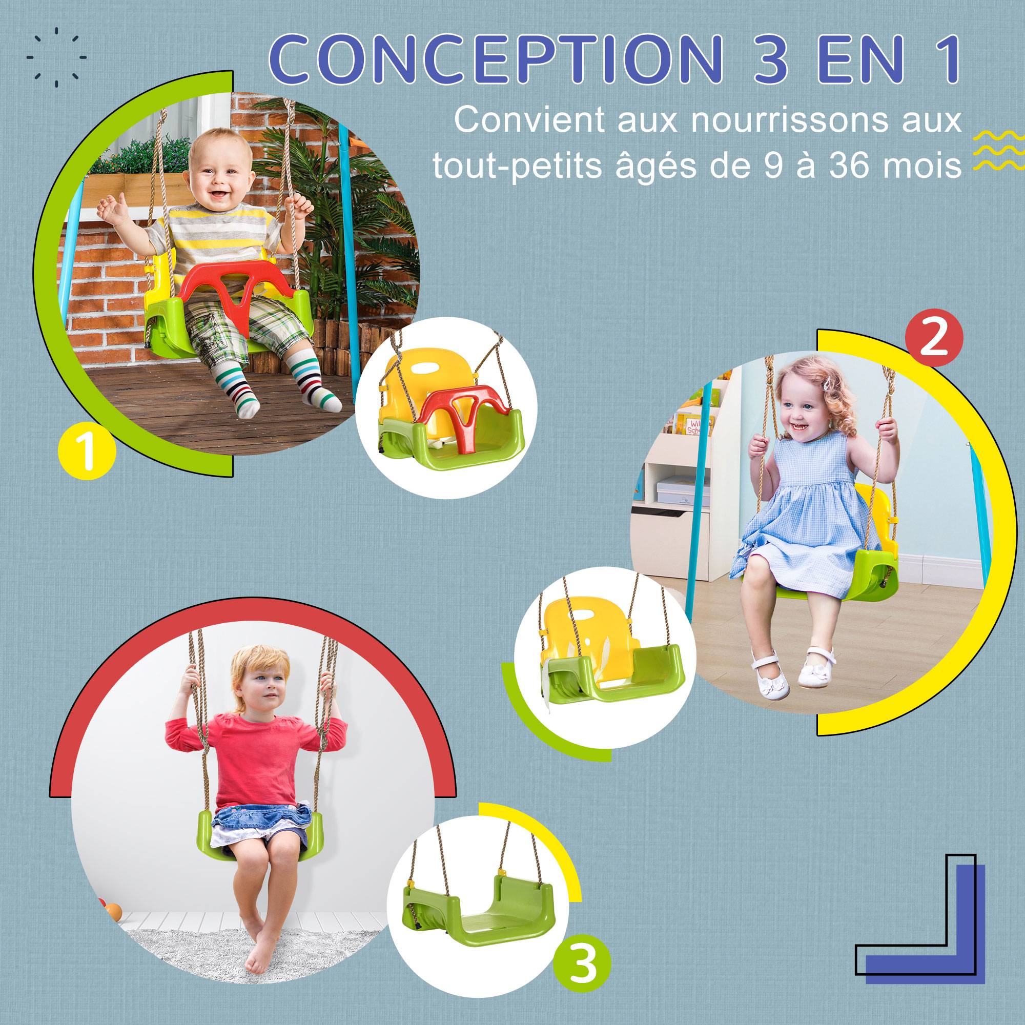 Outsunny - Balançoire siège 3 en 1 évolutif réglable enfant - dossier, barre en T amovibles, ceinture - Outsunny - Imagen 4
