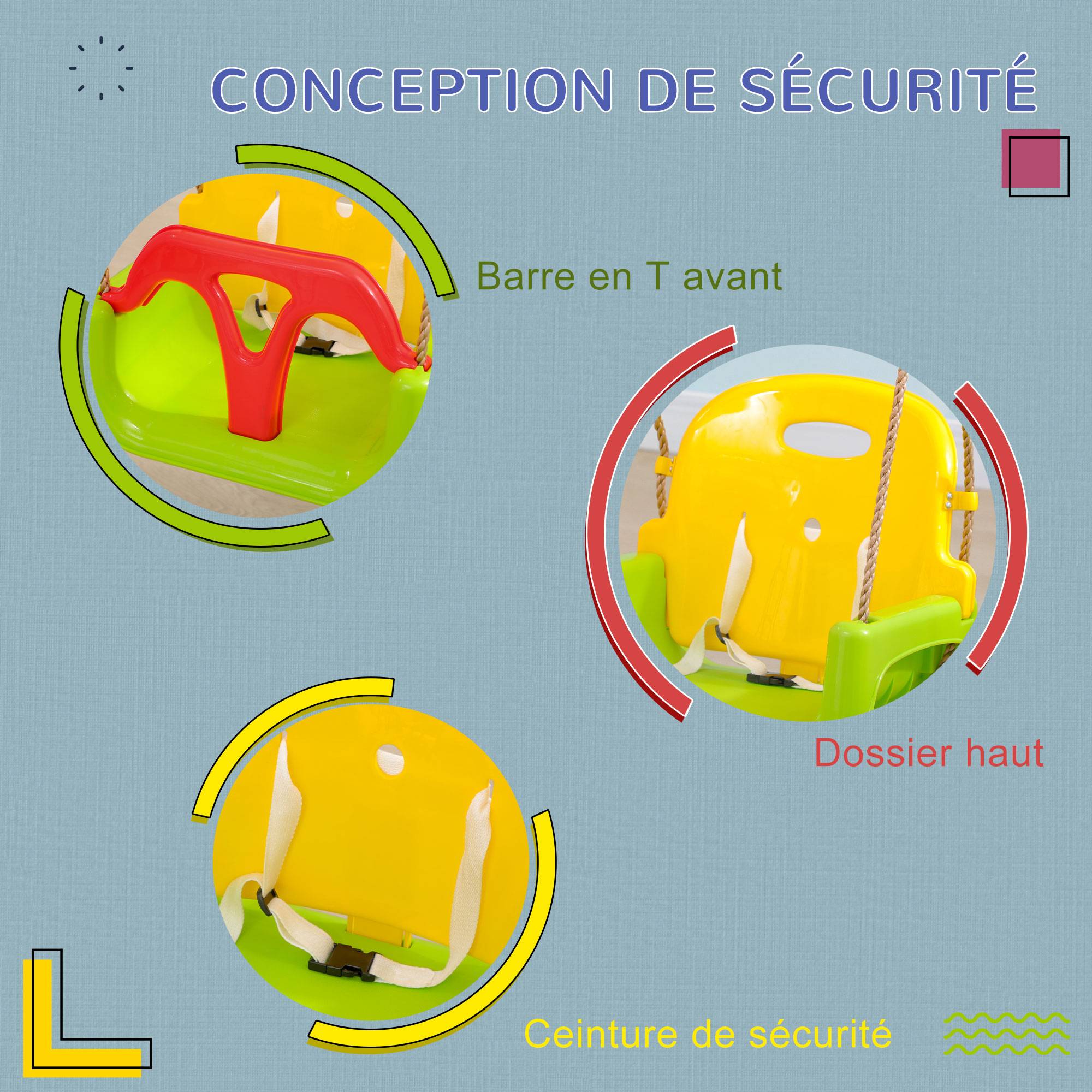 Outsunny - Balançoire siège 3 en 1 évolutif réglable enfant - dossier, barre en T amovibles, ceinture - Outsunny - Imagen 6