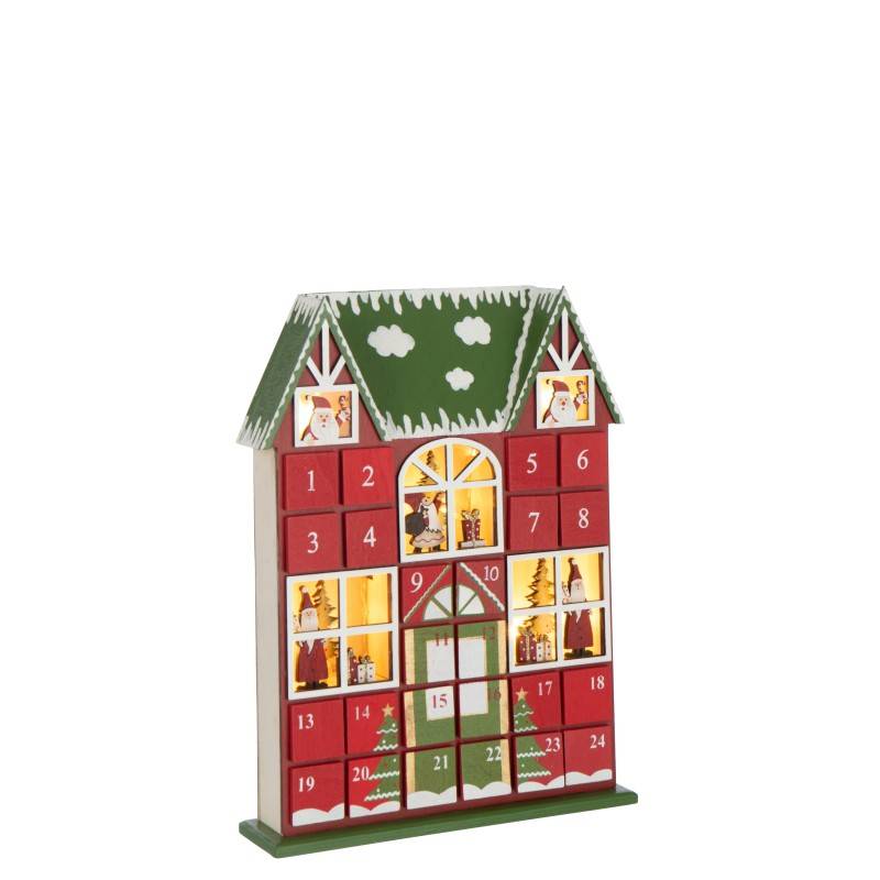 Calendrier de l'Avent maison à led en bois rouge 25.5x6.5x34.5 cm - J-Line