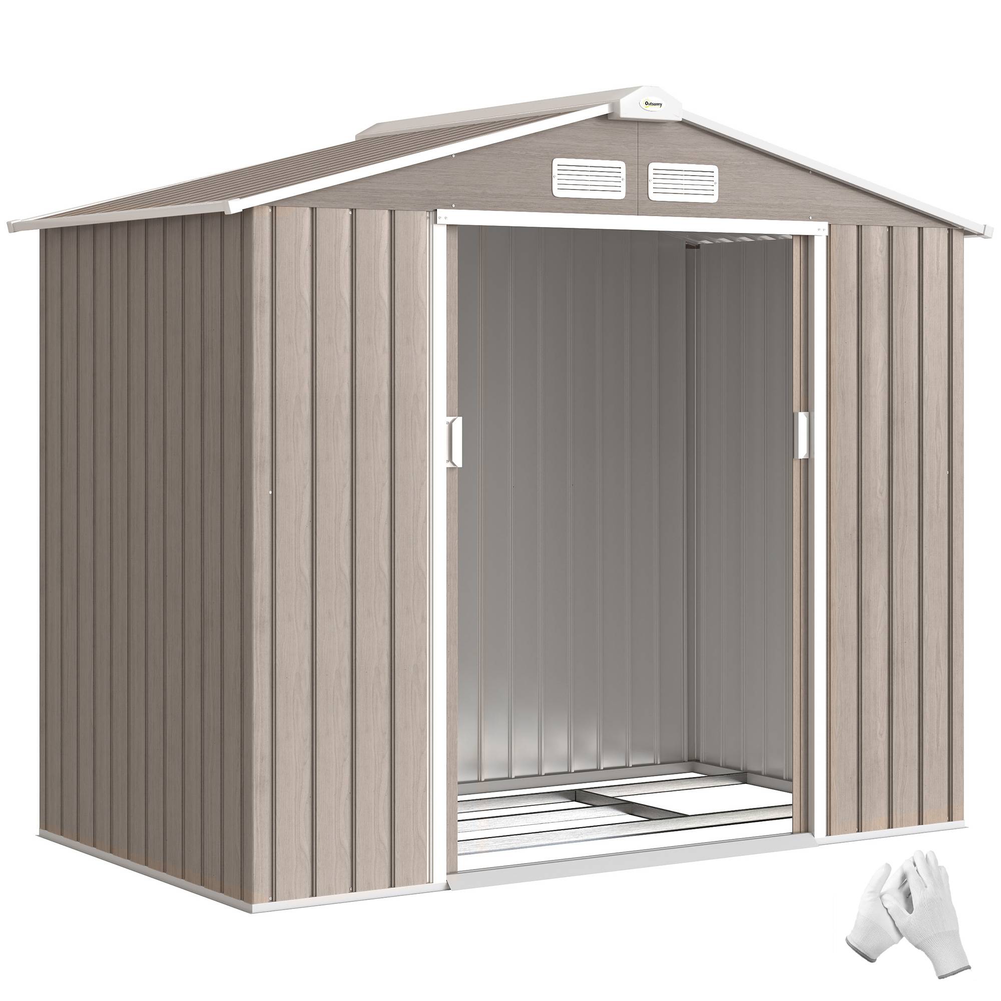 Abri de jardin de 2,42 m² (213 x 130 x 185 cm) avec 2 portes coulissantes, toit en pente et 4 fenêtres imitation bois