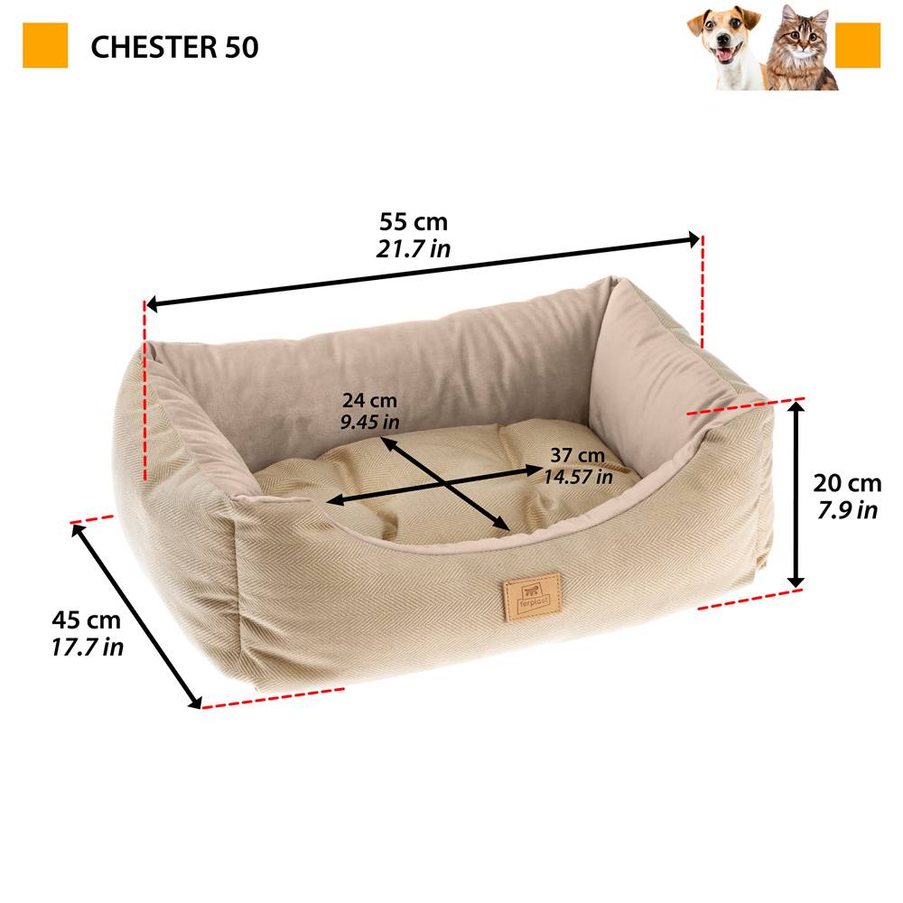 Ferplast - Lit Chiens et Chats Couchage CHESTER 50, avec Coussin Double-face, Tweed et Velours, Lavable, Marron - Imagen 2