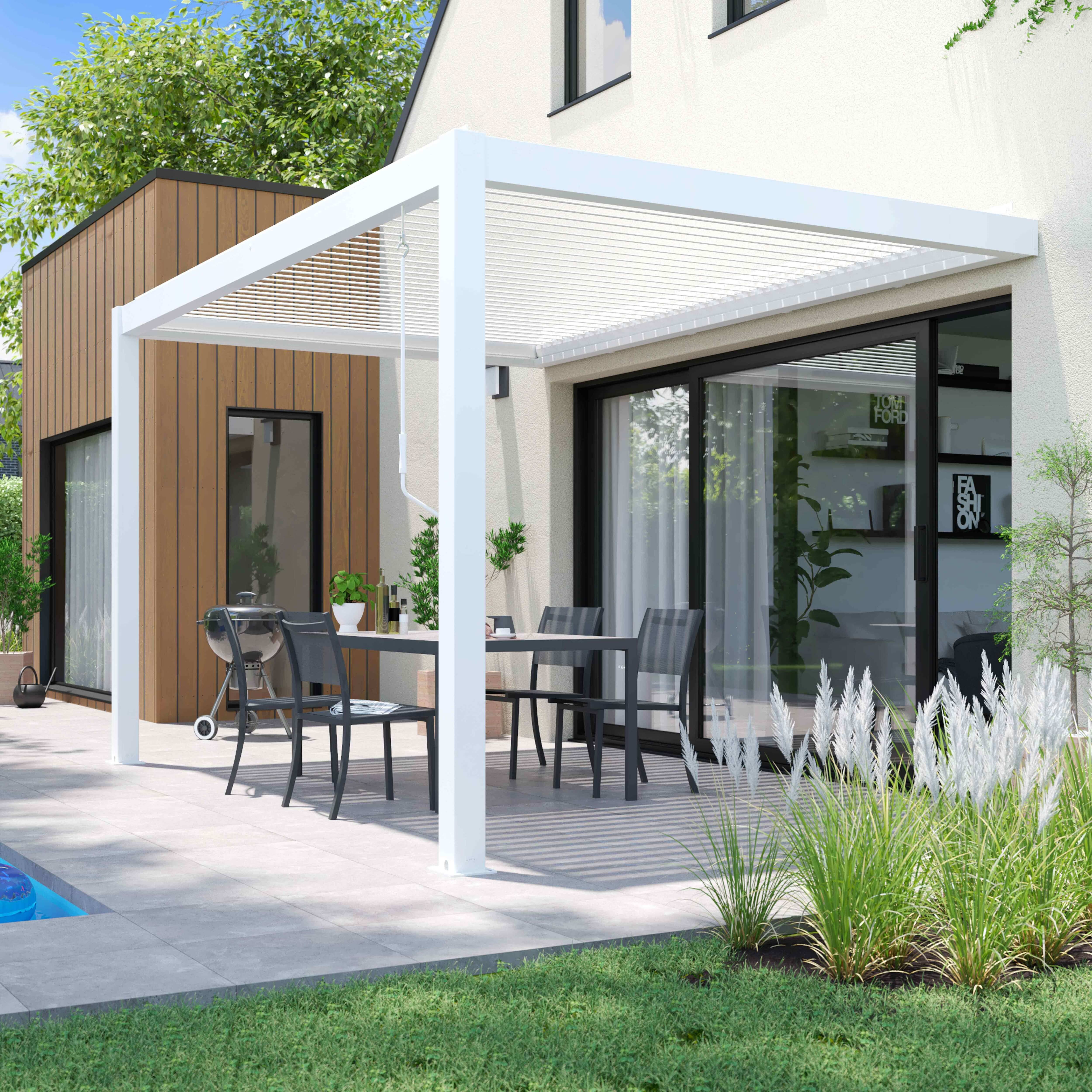 Oviala - Pergola bioclimatique adossée blanche 3x4m et 1 Store 3,73 x 2,34 m - Oviala - Imagen 4