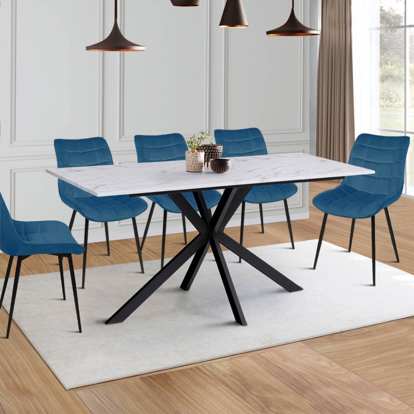 Table à manger rectangle ALIX 8 personnes pied araignée noir et plateau effet marbre blanc ALASKA 160 cm - Image 1