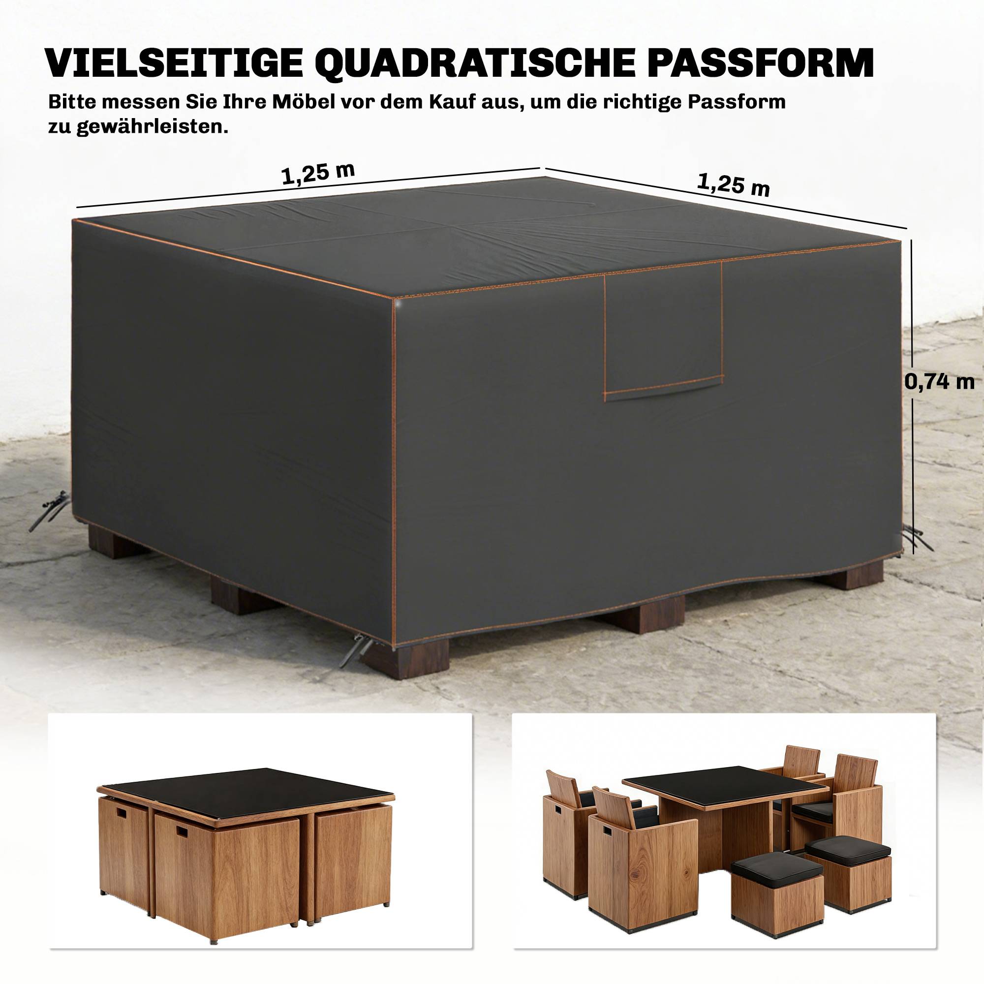 ComfortXL - Housse mobilier de jardin Oxford 420D 125 x 125 x 74 cm noire pour terrasse protection pluie UV et vent - Image 3