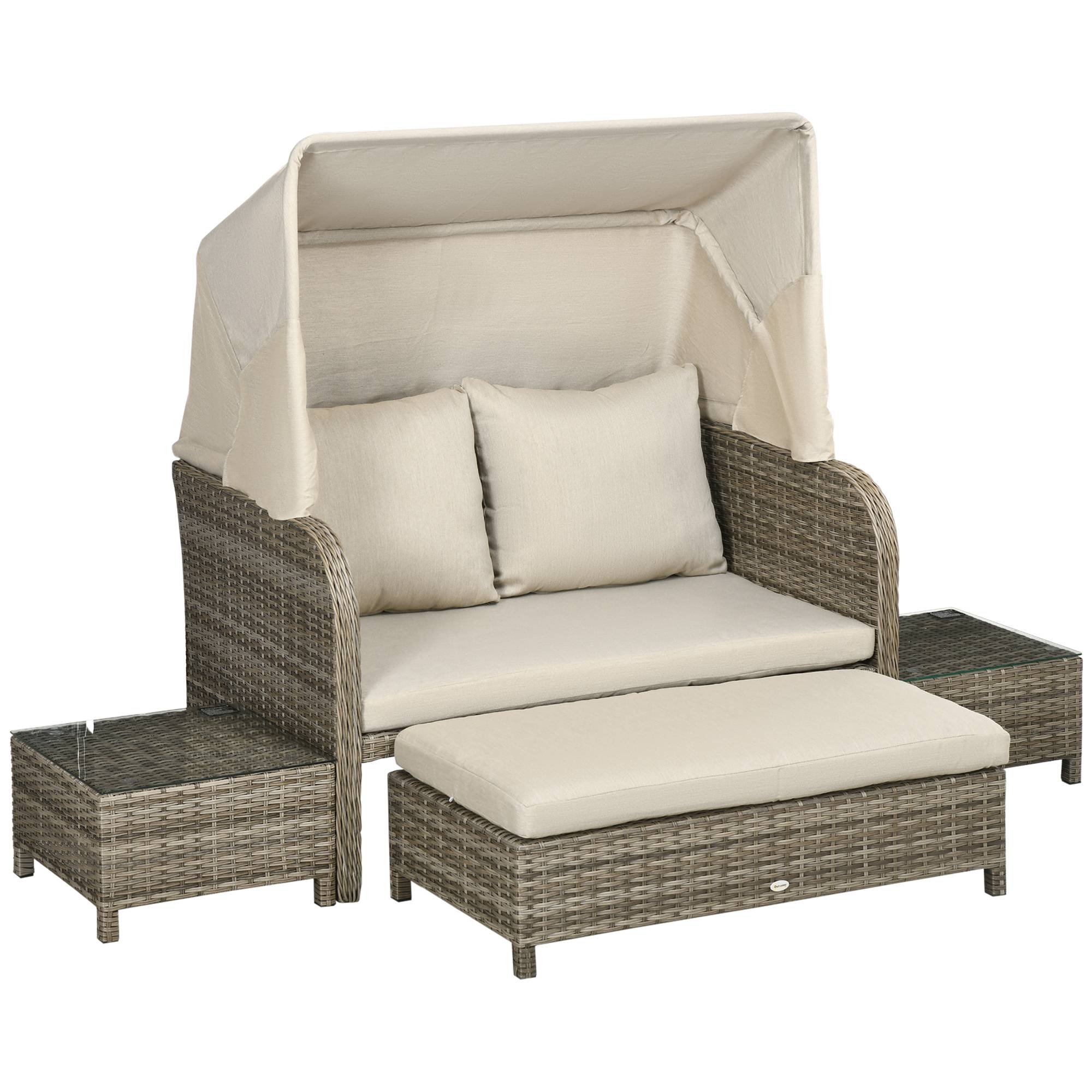 Outsunny - Ensemble salon de jardin 2 places 4 pcs - canapé, repose-pieds, 2 tables basses - coussins inclus - résine grise polyester kaki - Outsunny - Imagen 1