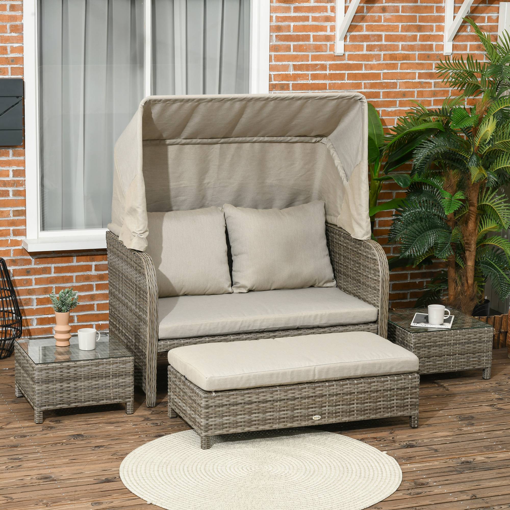 Outsunny - Ensemble salon de jardin 2 places 4 pcs - canapé, repose-pieds, 2 tables basses - coussins inclus - résine grise polyester kaki - Outsunny - Imagen 2