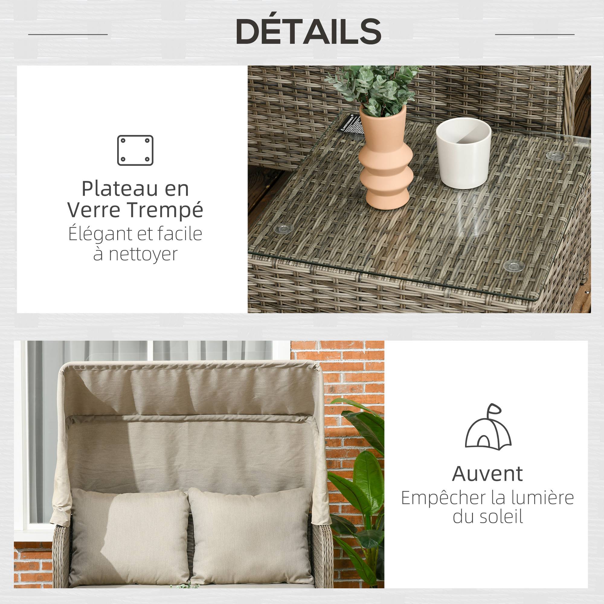 Outsunny - Ensemble salon de jardin 2 places 4 pcs - canapé, repose-pieds, 2 tables basses - coussins inclus - résine grise polyester kaki - Outsunny - Imagen 6